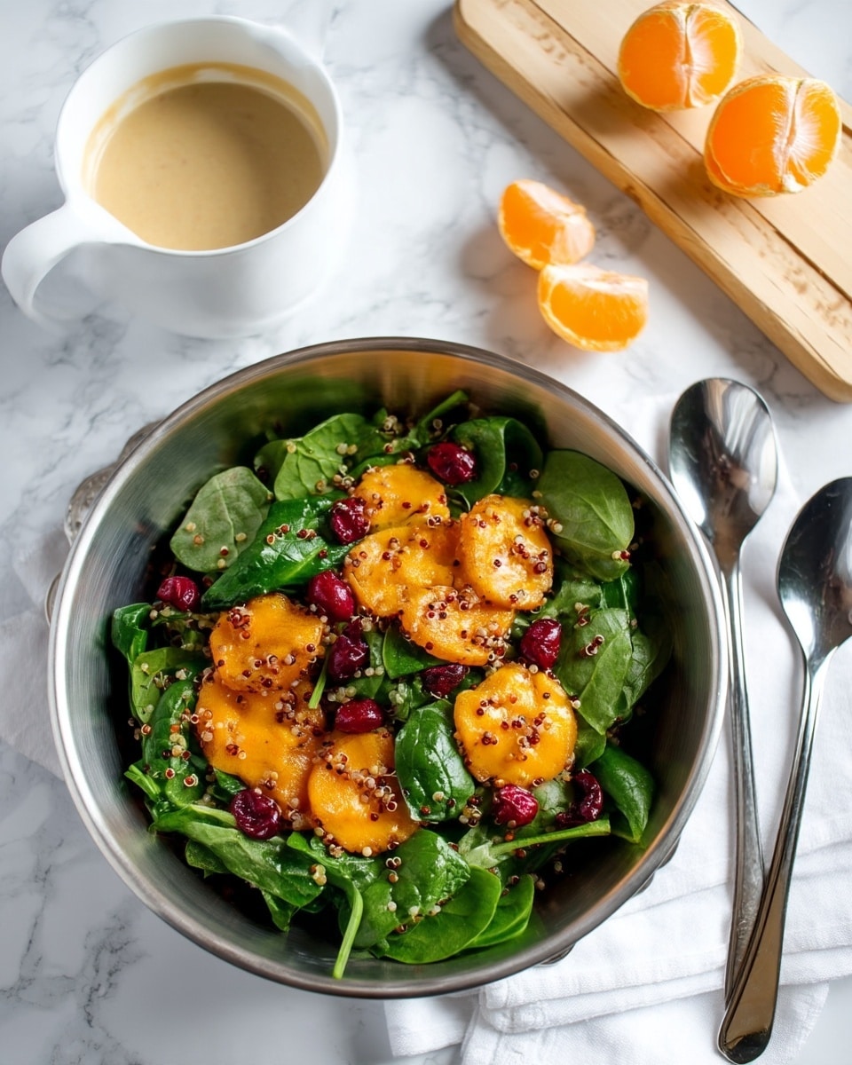 A shiny silver bowl holds a fresh salad with three main layers: a base of dark green spinach leaves, scattered bright orange slices of what looks like roasted pumpkin or squash, and small red berries or dried cranberries sprinkled on top. Small bits of quinoa or seeds add texture evenly across the salad. Above and slightly behind the bowl, a white cup holds a creamy light brown dressing. To the right, there is a wooden board with a grater and two peeled orange segments. The setting is on a white marbled texture with a silver spoon and fork placed beside a white cloth napkin under the bowl. photo taken with an iphone --ar 4:5 --v 7