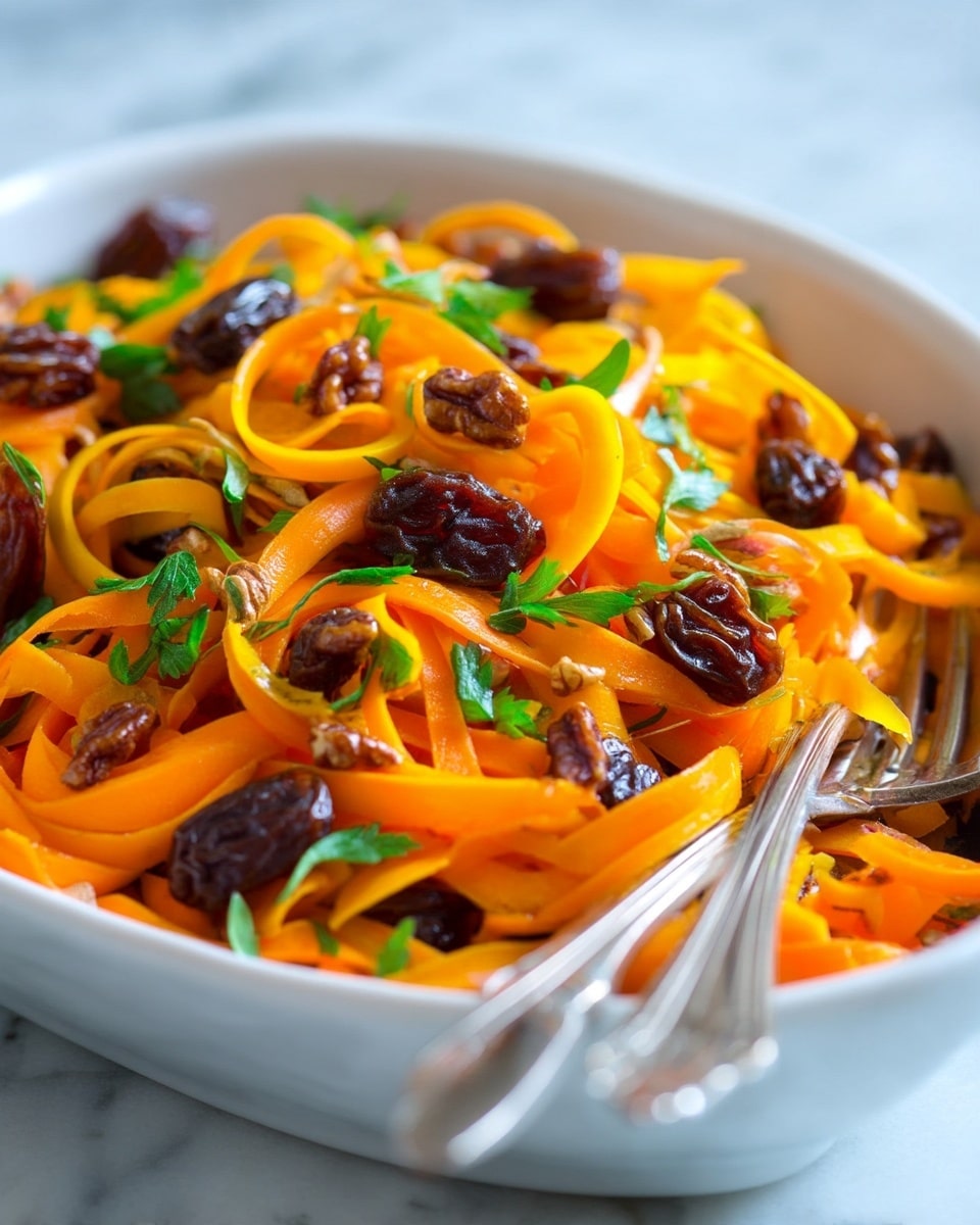 A close-up of a dish filled with bright orange, ribbon-like strips of cooked squash layered with small chunks of dark brown dates and scattered green herb leaves on top. The squash ribbons have a smooth, slightly glossy texture, intertwined with the dates, giving the dish depth and contrast. The food is placed inside a large white ceramic dish with rounded edges, and a silver fork rests inside on the right side, slightly blurred in the foreground. The background surface shows a soft white marbled texture. photo taken with an iphone --ar 4:5 --v 7