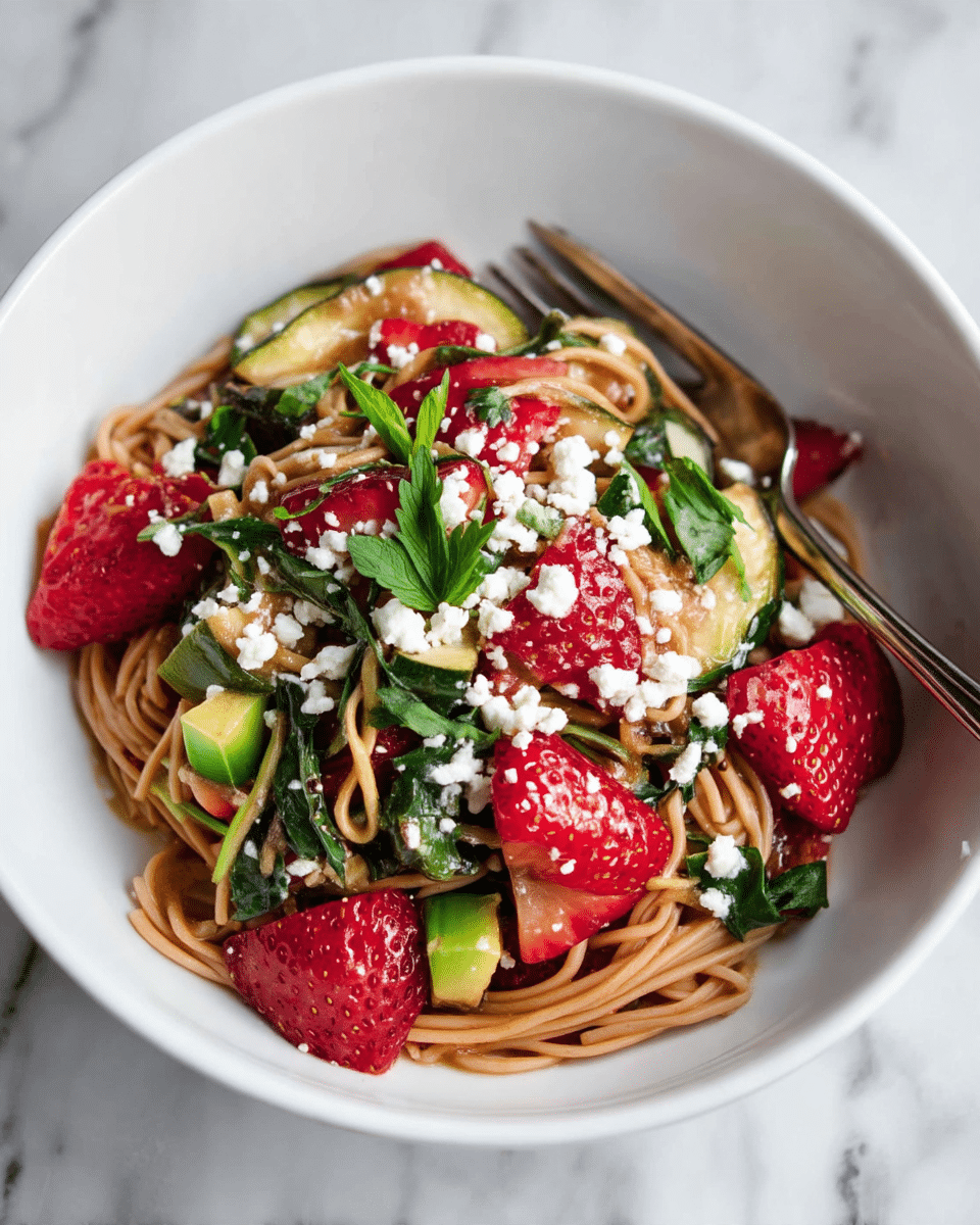 A white bowl holds a colorful dish with layers starting from the bottom: light brown noodles mixed with green leafy vegetables and chunks of green zucchini, layered with bright red sliced strawberries scattered throughout. On top, there are crumbled white cheese sprinkled over the dish, adding texture. Bright green leafy herbs garnish the top, and a silver fork rests in the bowl against a white marbled surface. photo taken with an iphone --ar 4:5 --v 7