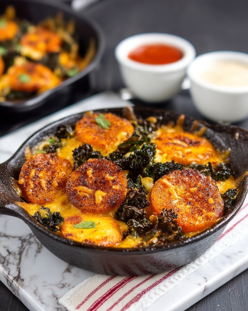 A small black cast iron skillet filled with a baked dish showing two main layers: the bottom layer appears to be melted cheese with a smooth, orange-yellow texture mixed with crispy golden-brown slices, which seem to be seasoned plantains or sweet potatoes. Scattered on top are dark green leaves, likely kale, slightly wilted and crisped around the edges. The skillet sits on a white and red striped cloth on a dark surface, with another similar skillet slightly out of focus in the background, and two small white bowls holding white and red sauces respectively. The background surface is edited to a white marbled texture. Photo taken with an iphone --ar 4:5 --v 7