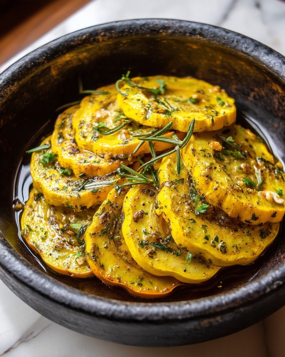 The image shows a close-up of several slices of cooked yellow squash layered thickly inside a dark, rustic round dish. The squash slices have a rich golden color with specks of green herbs and small bits of garlic on top, giving the dish a textured look. The edges of the squash are slightly crisp, and the surface appears moist and seasoned. The dark dish contrasts with the bright squash, and the dish sits on a wooden surface replaced with a white marbled texture. Photo taken with an iphone --ar 4:5 --v 7