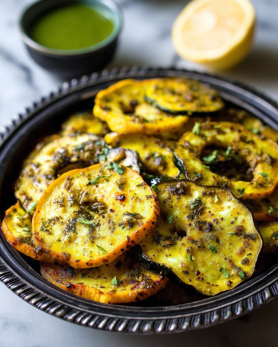 The image shows a close-up of several slices of roasted yellow squash layered in a round black bowl with an ornate edge. Each squash slice has a soft yellow flesh with a slightly charred texture, speckled with green herbs and spices that add texture and color contrast. The dark green edges of the squash add a frame to each slice. In the blurred background, there is a green sauce in a small bowl and a halved lemon. The surface under the bowl has a white marbled texture. Photo taken with an iphone --ar 4:5 --v 7