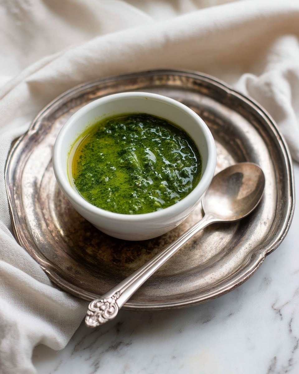 A white bowl filled with a thick, green sauce that has a slightly chunky texture and shines with a touch of oil on the surface, placed on a round, slightly tarnished silver tray which sits on a white marbled surface, accompanied by a silver spoon resting inside the tray near the bowl, with soft, light fabric partially visible in the background, photo taken with an iphone --ar 4:5 --v 7