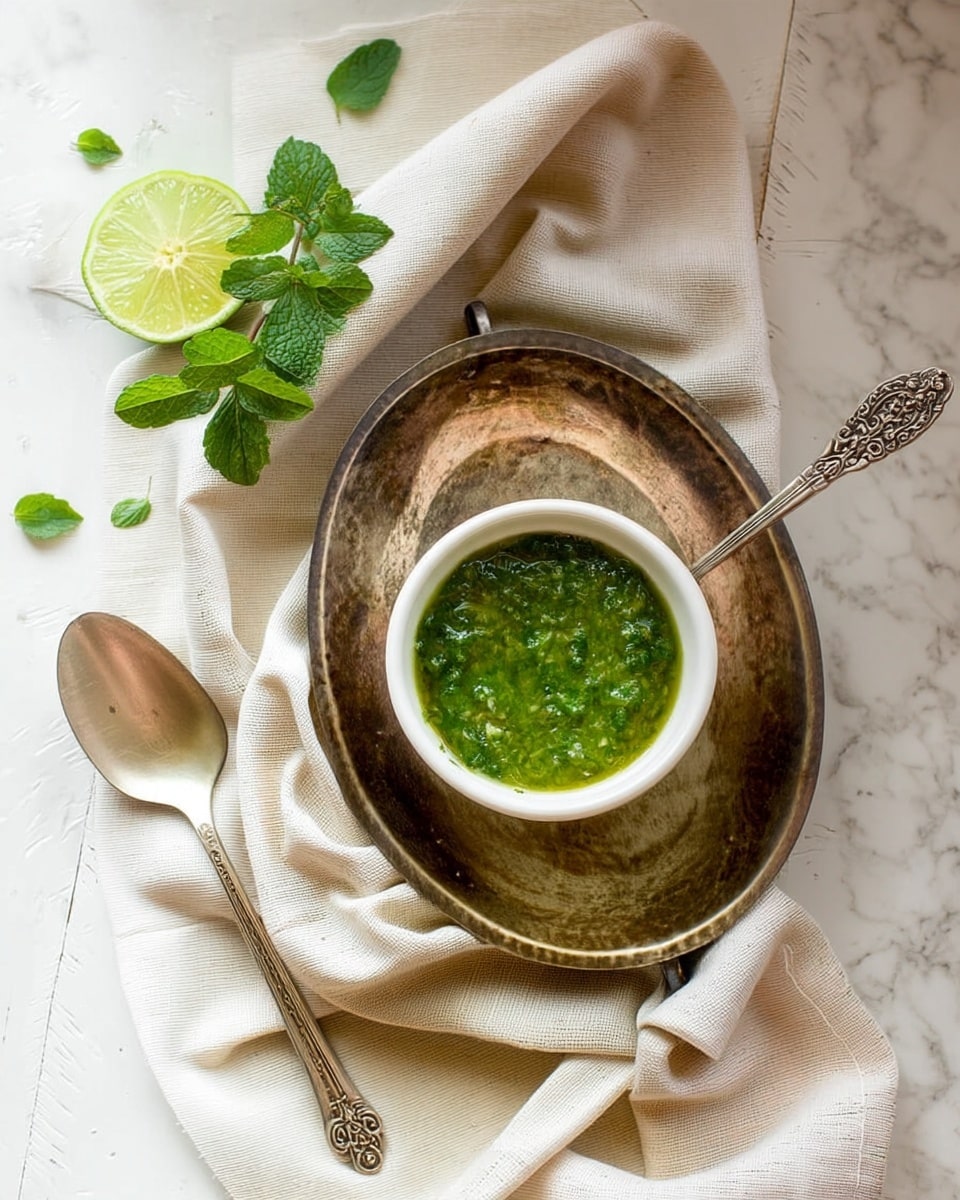 A small white bowl filled with bright green, slightly chunky sauce is placed in the middle of an oval, old-looking tarnished silver tray with a rough texture. The tray sits on a soft, cream-colored cloth with folds and wrinkles. To the left of the tray, there is a vintage silver spoon with a detailed handle resting on the cloth. Above the tray, there is a half lime with a fresh green color and visible segments, along with a few small green leaves scattered around. The whole scene is set on a white marbled surface. photo taken with an iphone --ar 4:5 --v 7
