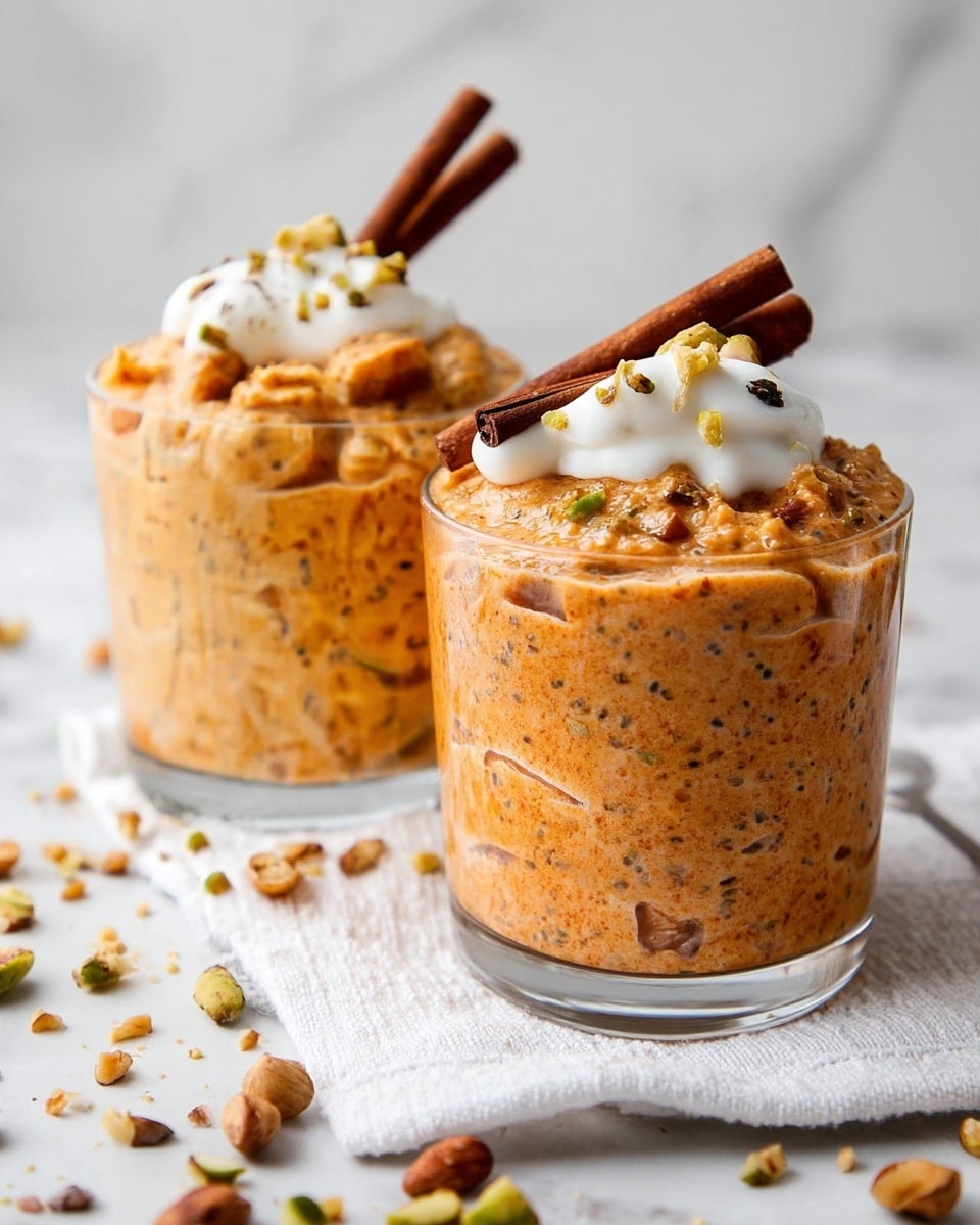 Two clear glass cups filled with a thick, creamy orange-brown textured mixture that looks like a dessert or pudding with tiny visible seeds or spice bits throughout. Each cup has a dollop of white cream on top, sprinkled with small chopped green nuts, and is decorated with a single dark brown cinnamon stick angled across the cream. The cups are placed on a white, textured cloth with scattered chopped nuts and cinnamon sticks around, all set on a white marbled surface. The background is soft and light, with blurred white and neutral shapes. photo taken with an iphone --ar 4:5 --v 7