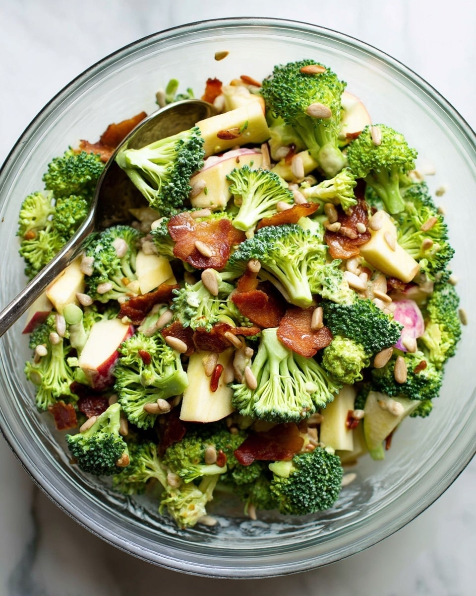 The image shows a close-up of a clear glass bowl filled with a fresh broccoli salad. The salad contains bright green broccoli florets scattered throughout, with pale yellow pieces of apple and small strips of reddish-brown bacon mixed in. There are also light beige sunflower seeds sprinkled all over. A shiny silver spoon rests inside the bowl, partially buried in the salad. The bowl is set on a white marbled surface. Photo taken with an iphone --ar 4:5 --v 7