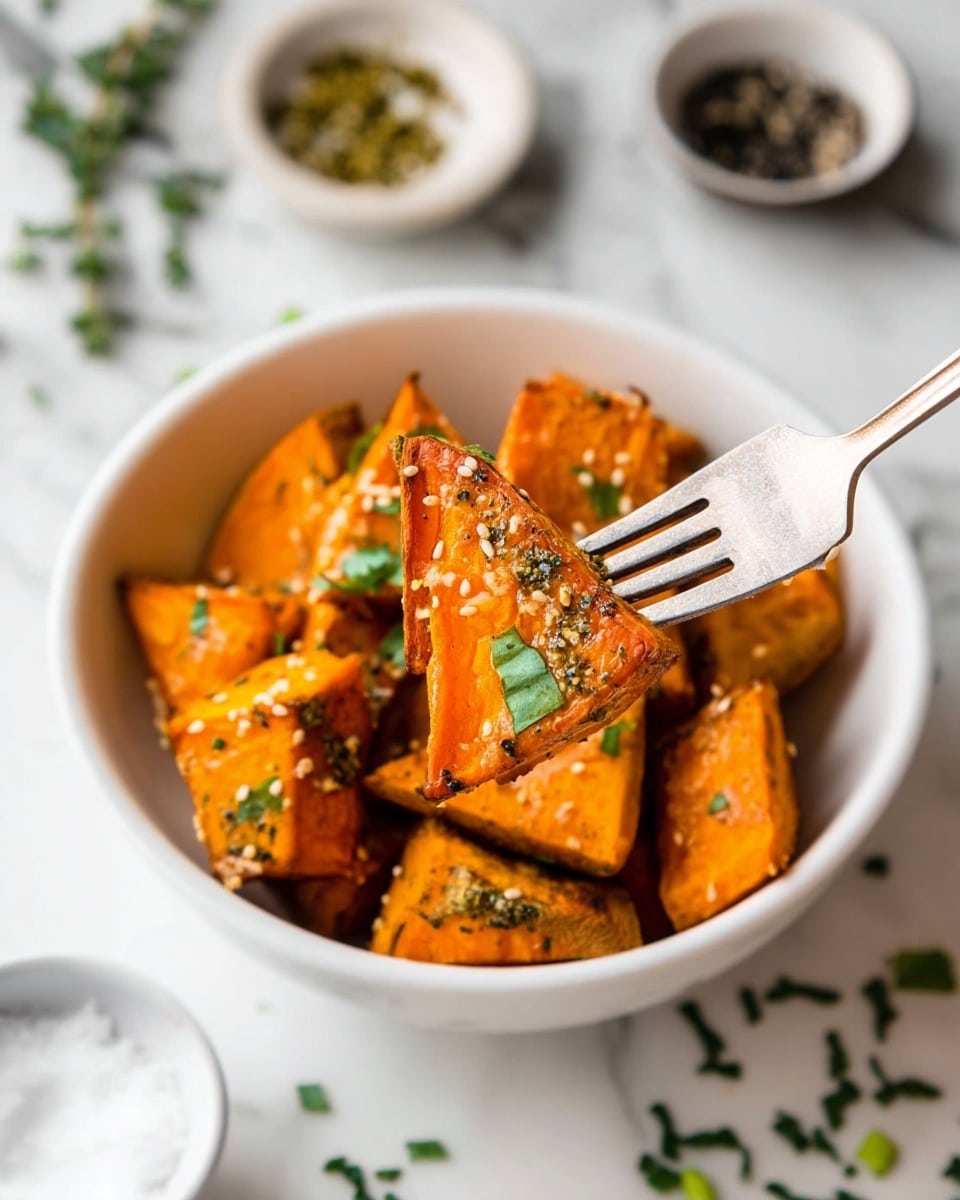 A white bowl filled with golden-orange roasted sweet potato wedges, each wedge sprinkled with white sesame seeds and small green herb pieces, arranged in a loose pile. A woman's hand holds a silver fork in the foreground, lifting one triangular wedge that shows a slightly crispy outer texture with some green herb garnish on top. The background is a white marbled surface with scattered green herb pieces around. photo taken with an iphone --ar 4:5 --v 7