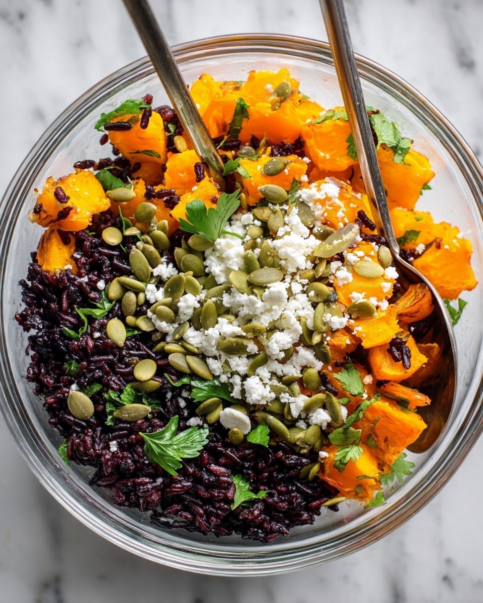 The image shows a white bowl filled with a vibrant salad made of three main layers: the base layer is black rice with a slightly glossy texture, the middle layer consists of bright orange chunks of roasted squash with a soft and slightly rough surface, and the top layer includes small white crumbles of feta cheese scattered unevenly. Green pumpkin seeds and fresh chopped cilantro leaves are sprinkled across the dish, adding pops of light green color, while two metal spoons are placed inside the bowl, partly submerged in the salad. The background is a white marbled texture. photo taken with an iphone --ar 4:5 --v 7