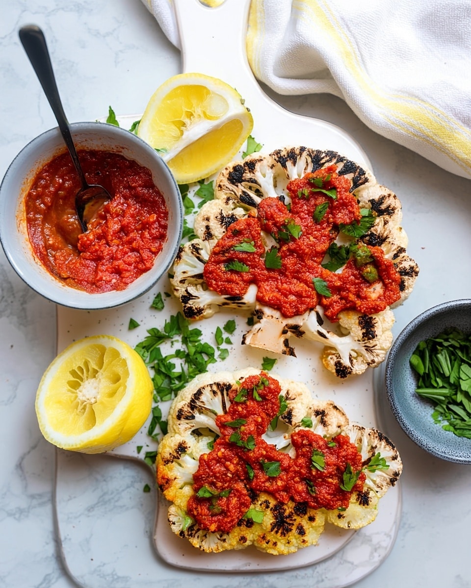 The image shows three grilled cauliflower steaks on a white cutting board, each with a spread of bright red, chunky sauce on top, and small green herb pieces sprinkled over the sauce. The cauliflower is lightly charred with dark grilled marks on its creamy white surface. Next to the cauliflower steaks is a small white bowl filled with the same red sauce, with a metal spoon inside. Around the cutting board, there are halved bright yellow lemons and a small bowl with chopped green herbs. The scene is set on a white marbled surface with a white cloth napkin partly visible. photo taken with an iphone --ar 4:5 --v 7