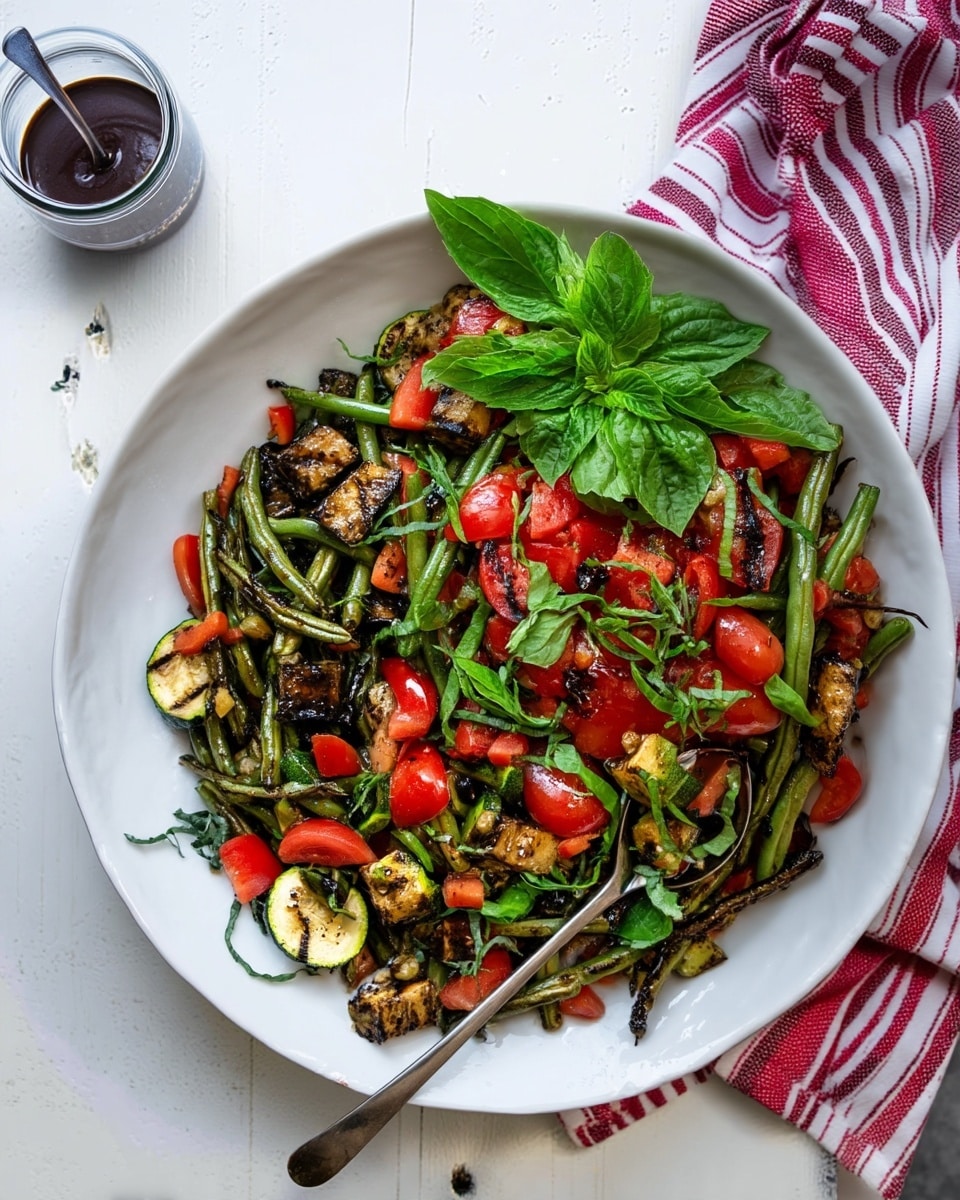 The image shows a white plate filled with a vibrant balsamic grilled green bean salad. The salad has three main layers: the base layer is made up of grilled green beans that are slightly charred and deep green in color; scattered throughout are chunks of fresh, bright red tomatoes adding color contrast; mixed in are grilled zucchini slices with golden brown grill marks and a bit of earthy texture. The top is garnished with fresh green basil leaves and thinly sliced herbs, adding a fresh, leafy green touch. Two silver spoons rest on the plate, partially submerged in the salad. To the top left, there is a small glass jar containing dark balsamic dressing with a spoon inside it, placed on a white marbled surface with a red and white striped cloth nearby. Photo taken with an iphone --ar 4:5 --v 7