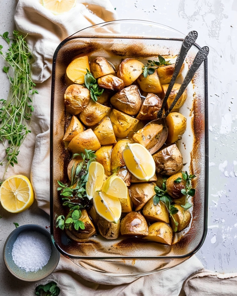 A glass baking dish filled with about two layers of golden-brown roasted potato halves with slightly crisp skin and soft inside, some sprigs of fresh green herbs scattered on top, and two lemon wedges resting near the corner; a dark metal spoon is placed inside the dish. The dish is set on a light beige cloth over a white marbled surface, with a small white bowl of coarse salt nearby and some green herb leaves scattered on the side. Photo taken with an iphone --ar 4:5 --v 7