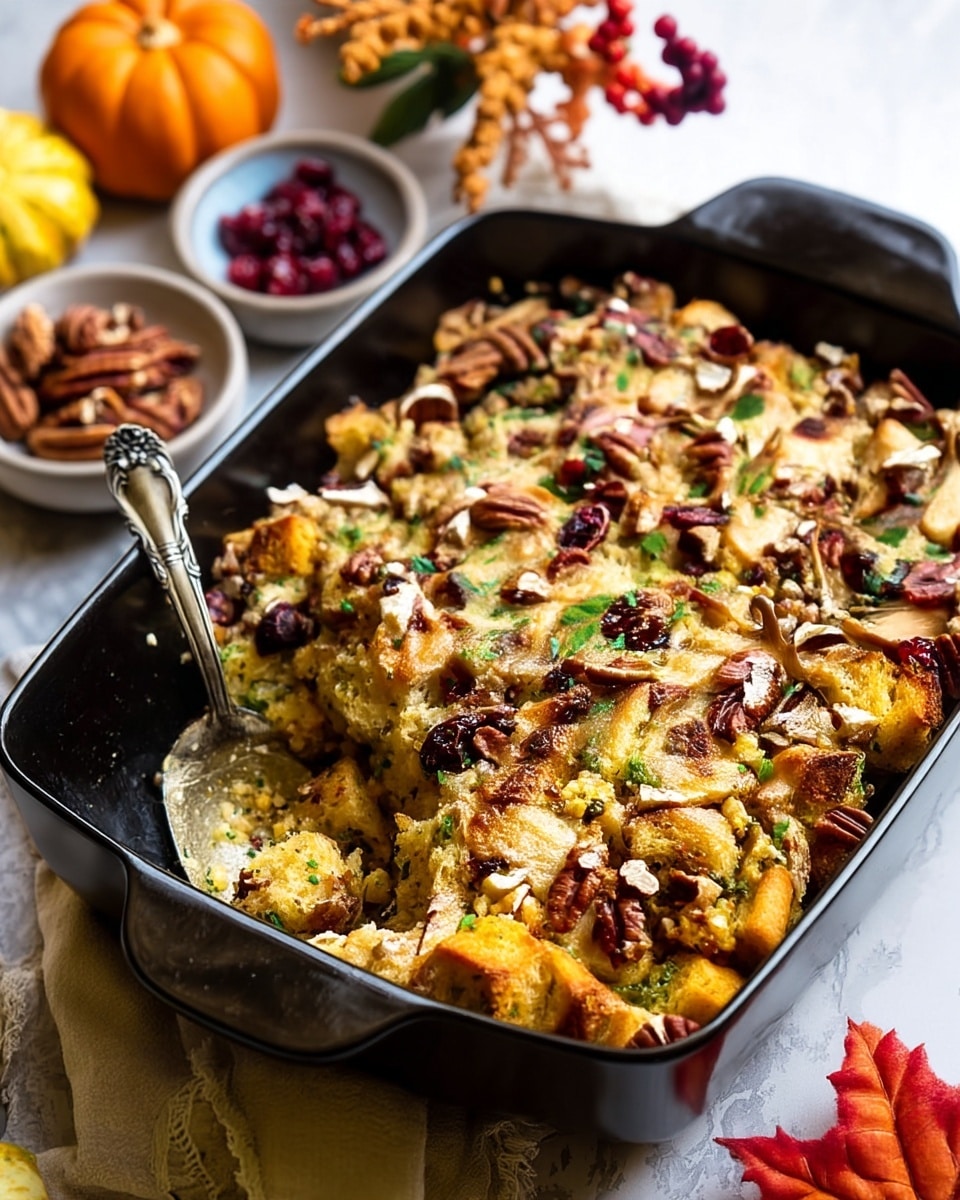 A black rectangular baking dish holds a warm bread pudding with a crumbly golden top layer scattered with dark pecans, dried cranberries, and green herb pieces. The bread underneath is soft and light tan, peeking through the topping in uneven chunks with a rich, textured surface. A large silver spoon rests inside the dish, scooping out a portion from the lower left. The dish sits on a white marbled surface surrounded by small bowls of pecans, dried cranberries, and herbs. Decorative gourds and autumn-colored leaves and berries add a seasonal touch, along with a beige cloth partially under the baking dish. Photo taken with an iphone --ar 4:5 --v 7