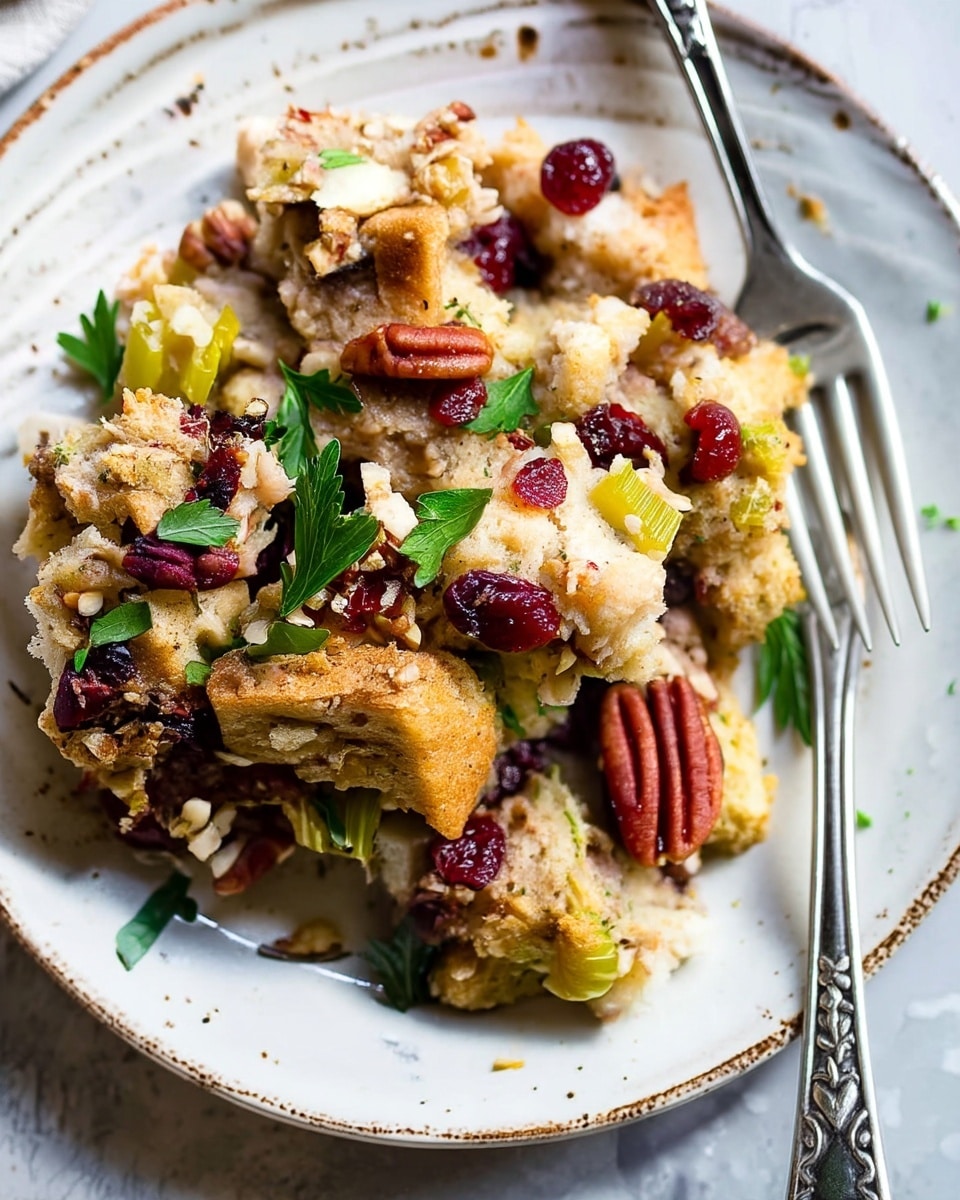 A white plate holds a serving of a layered stuffing dish with rough chunks of golden-brown bread on top mixed with chopped green celery pieces and scattered dark red dried cranberries. There are crunchy pecans dispersed throughout, adding a textured brown contrast. Fresh green parsley flakes sprinkle over the top, and the dish has a crumbly, moist look with small bits of finely chopped nuts or oats embedded. A silver fork rests on the edge of the plate, visible in the upper right, all set on a white marbled surface. photo taken with an iphone --ar 4:5 --v 7