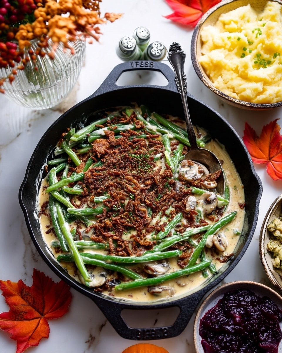 The image shows a black cast iron skillet filled with green bean casserole. The dish has three main layers: a base layer of green beans mixed with a creamy white sauce and sliced mushrooms, topped with a crunchy brown crumb-like layer. The green beans are bright green, and the mushrooms appear soft and cooked. The brown crumb topping looks evenly spread over the green beans, adding texture contrast. A dark silver spoon rests inside the skillet on the left side. Around the skillet, there are three white bowls—one with pale yellow mashed potatoes, one with light golden stuffing, and one with dark red cranberry sauce with a spoon in it. The setting is on a white marbled surface with orange and red fall leaves and a small vase of dried orange flowers on the left. Photo taken with an iphone --ar 4:5 --v 7