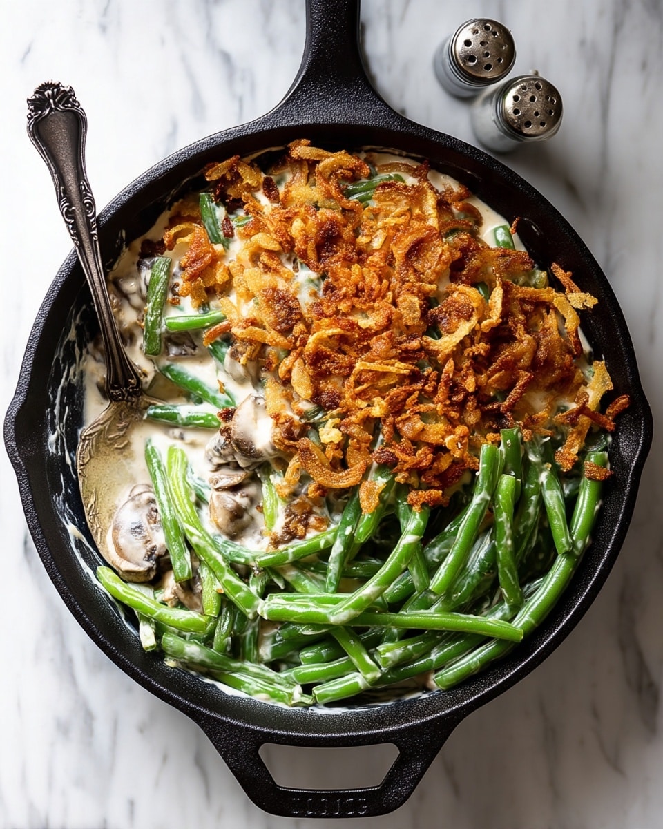A black cast iron skillet filled with a creamy green bean casserole is placed on a white marbled surface. The dish has three visible layers: the bottom layer is a smooth white creamy sauce, the middle layer consists of bright green beans mixed with tender slices of mushrooms, and the top layer is a generous amount of golden brown crispy fried onions scattered unevenly across. A vintage silver spoon with intricate designs rests inside the skillet on the left side. Nearby, there are clear glass salt and pepper shakers sitting on the white marbled surface. Photo taken with an iphone --ar 4:5 --v 7