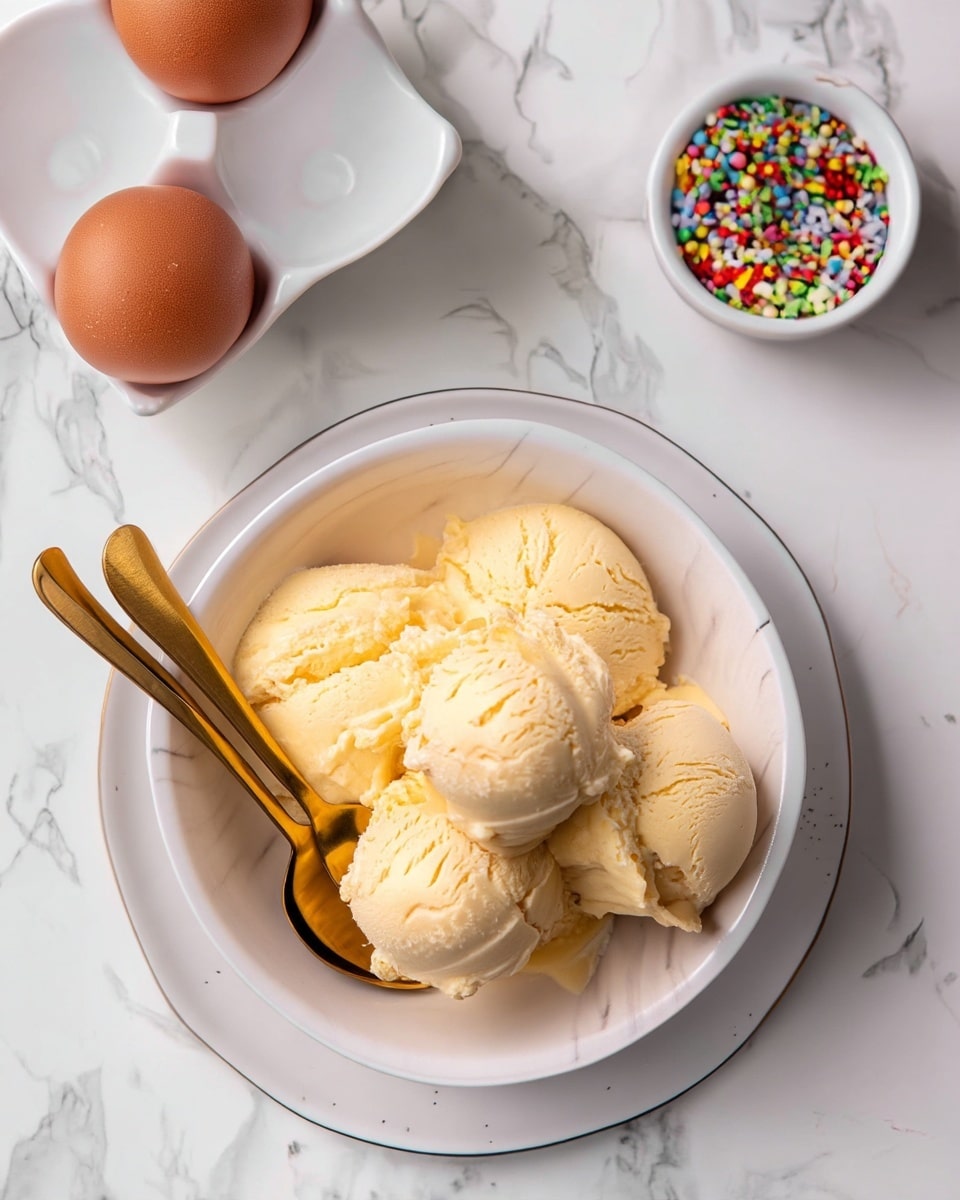 A bowl with five scoops of creamy pale yellow ice cream sits atop a white marbled plate, with two golden spoons placed inside the bowl on the left side. The bowl and plate rest on a white marbled surface. Above the bowl, to the left, there is a white egg carton holding two brown eggs, while to the right, a small white bowl contains colorful round sprinkles. Photo taken with an iphone --ar 4:5 --v 7