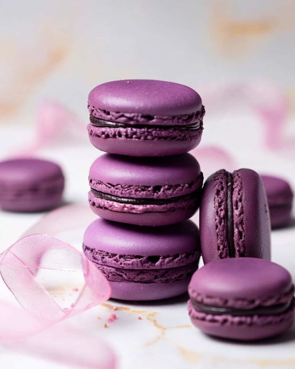 The image shows a stack of three purple macarons in the center, each with smooth, rounded tops and slightly textured edges, filled with a darker purple chocolate cream. Surrounding the stack are four more purple macarons scattered on a white marbled surface, and a soft pink translucent ribbon flows gently among them. The colors are rich, with the purple macarons contrasting against the light background, giving a delicate and elegant feel. photo taken with an iphone --ar 4:5 --v 7