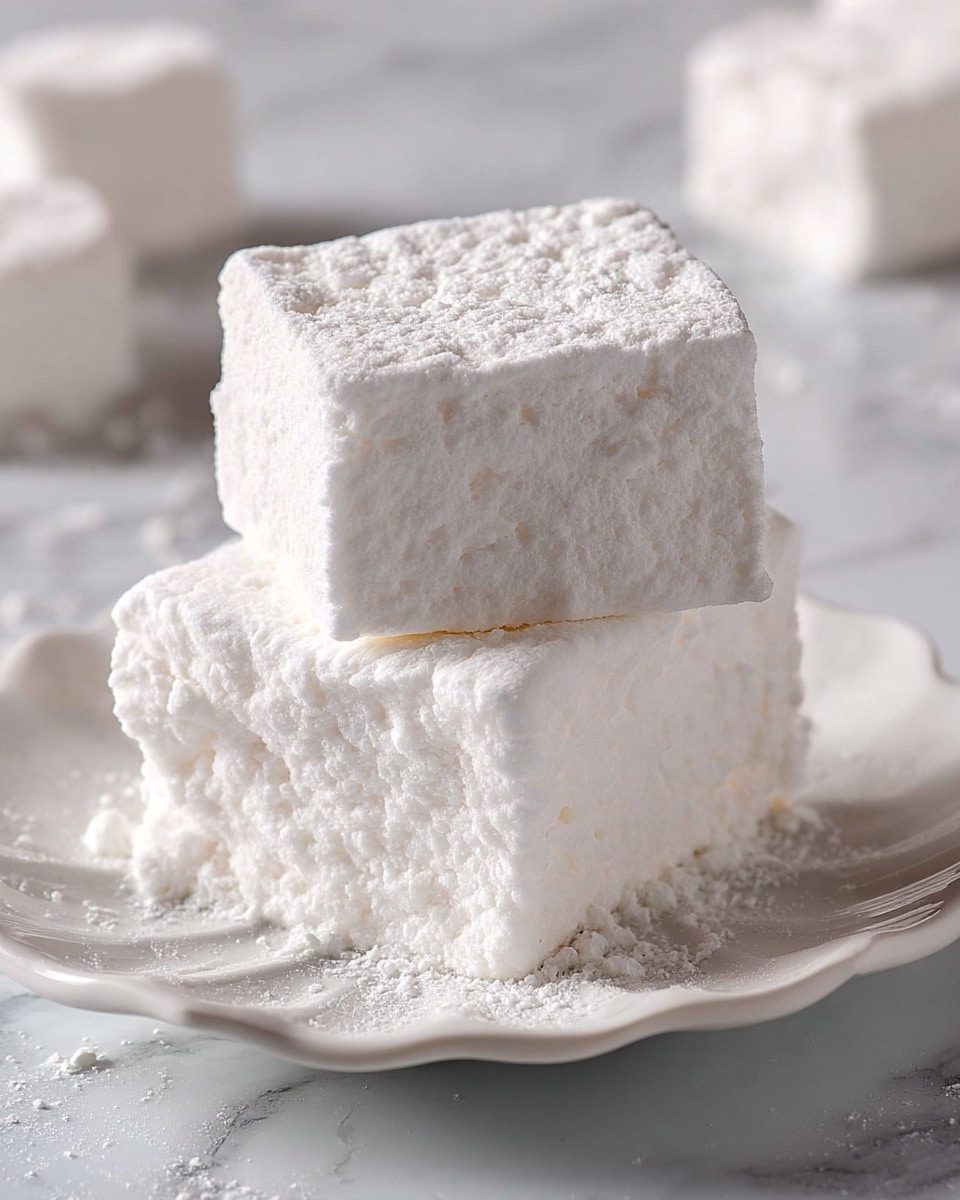 Two large, square white marshmallows are stacked on top of each other on a white plate with a scalloped edge. The marshmallows have a soft, spongy texture with a powdery surface and slightly rough edges. The background shows more marshmallows blurred softly against a white marbled texture. The image is bright and close-up, showing the fine details of the marshmallow's porous surface. photo taken with an iphone --ar 4:5 --v 7