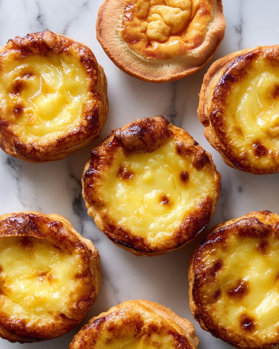 The image shows several baked pastries placed on a white marbled surface. Each pastry has one visible layer of golden-brown, flaky crust with a slightly uneven and puffed texture, forming a round base and edges that rise irregularly. The center of each pastry holds a smooth, creamy yellow filling with a shiny, slightly caramelized surface, some areas darker with small browned spots. The pastries are arranged closely but not touching, showing different shapes and browning patterns, with no other items visible. Photo taken with an iphone --ar 4:5 --v 7