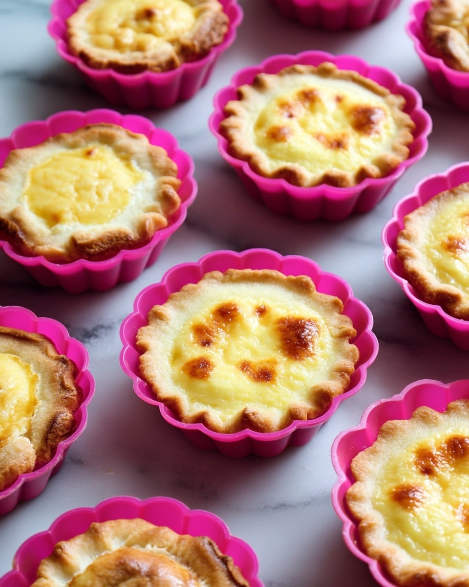 The image shows several small baked egg tarts placed in bright pink silicone molds arranged randomly on a white marbled surface. Each tart has one major layer: a light golden-brown outer crust with a slightly crispy texture that forms a scalloped edge around the tart, and a smooth, creamy yellowish filling with slight browning spots on top from baking. The tarts vary slightly in shape and color intensity, showing a natural homemade look. A few empty pink molds are also visible in the background. photo taken with an iphone --ar 4:5 --v 7