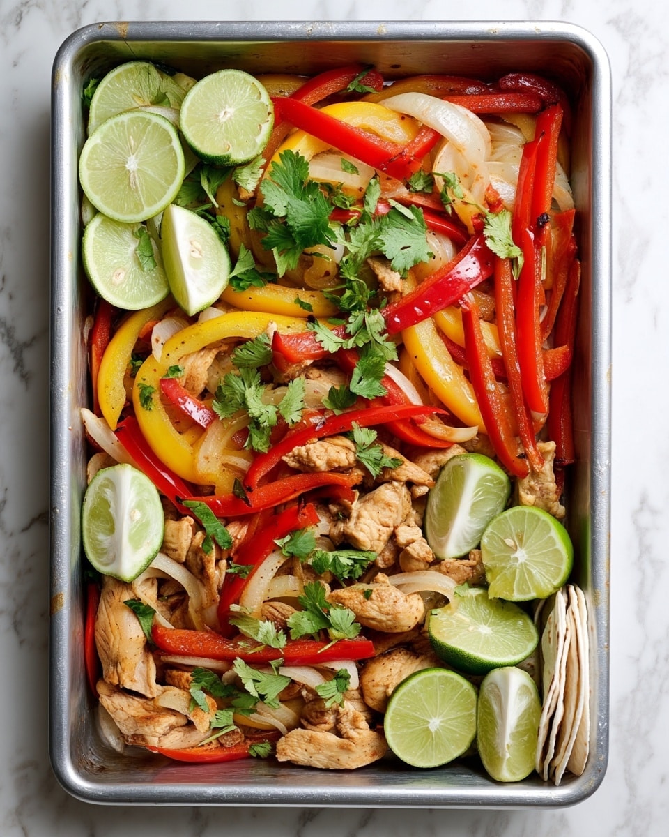 The image shows a metal tray filled with cooked chicken pieces as the base layer, which are light brown and tender in texture. On top, there are sliced bell peppers in red and yellow colors along with white onion slices, all slightly cooked and soft in appearance. Fresh green cilantro leaves are scattered above the vegetables, adding a fresh touch. Lime wedges with bright green skin and juicy segments are placed on top in several spots. In the corner, folded white tortillas rest on the white marbled surface beside the tray. The overall presentation is colorful and inviting. photo taken with an iphone --ar 4:5 --v 7