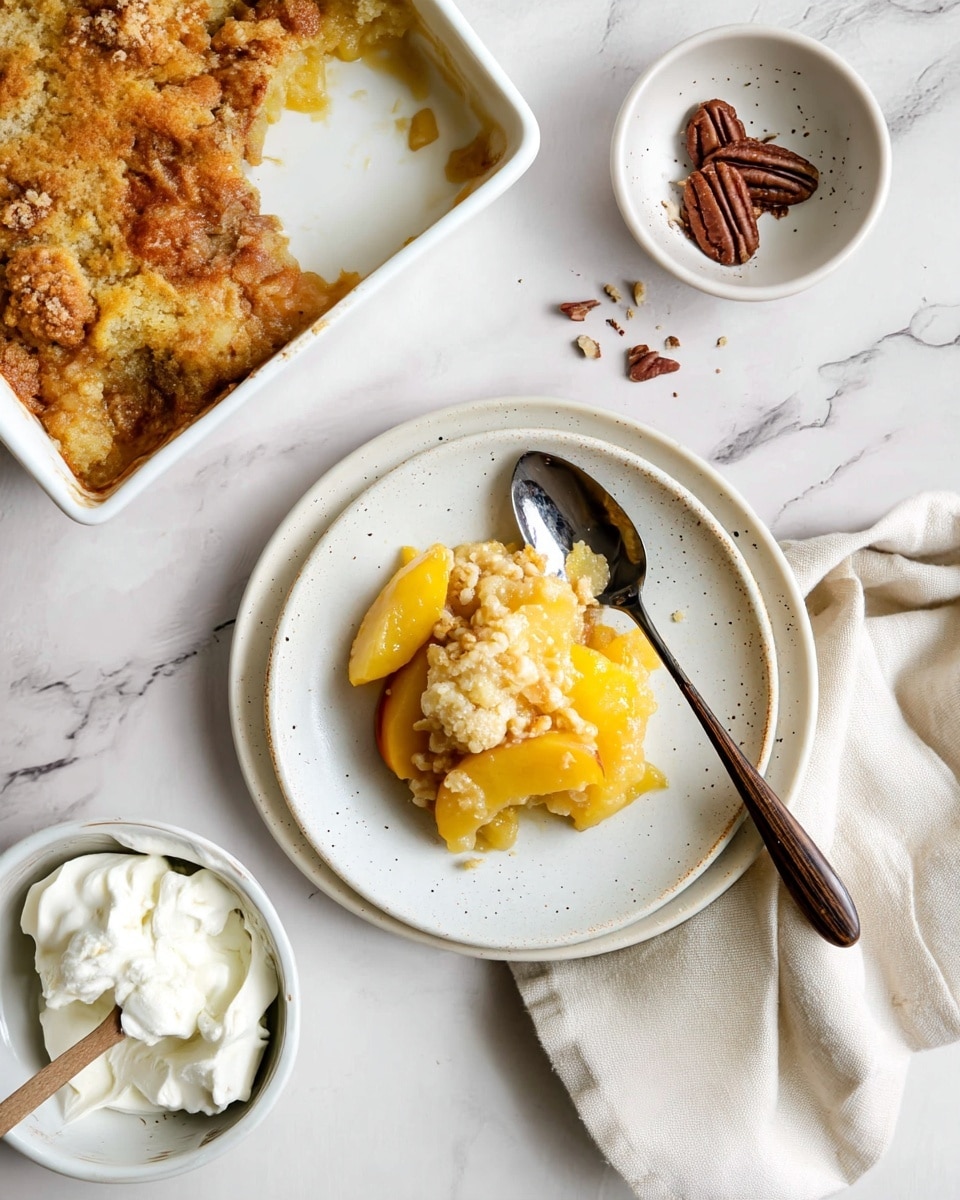 A slice of apple cobbler with a golden-brown, crispy top layer sits on a speckled white plate, revealing soft, tender pieces of cooked yellow apples underneath. On top, there is a swirl of white whipped cream adding a creamy texture. To the side, a silver spoon rests on the plate near the fruit. In the background, a small white bowl with a few pecans can be seen on a white marbled surface with a folded beige cloth partially visible. photo taken with an iphone --ar 4:5 --v 7
