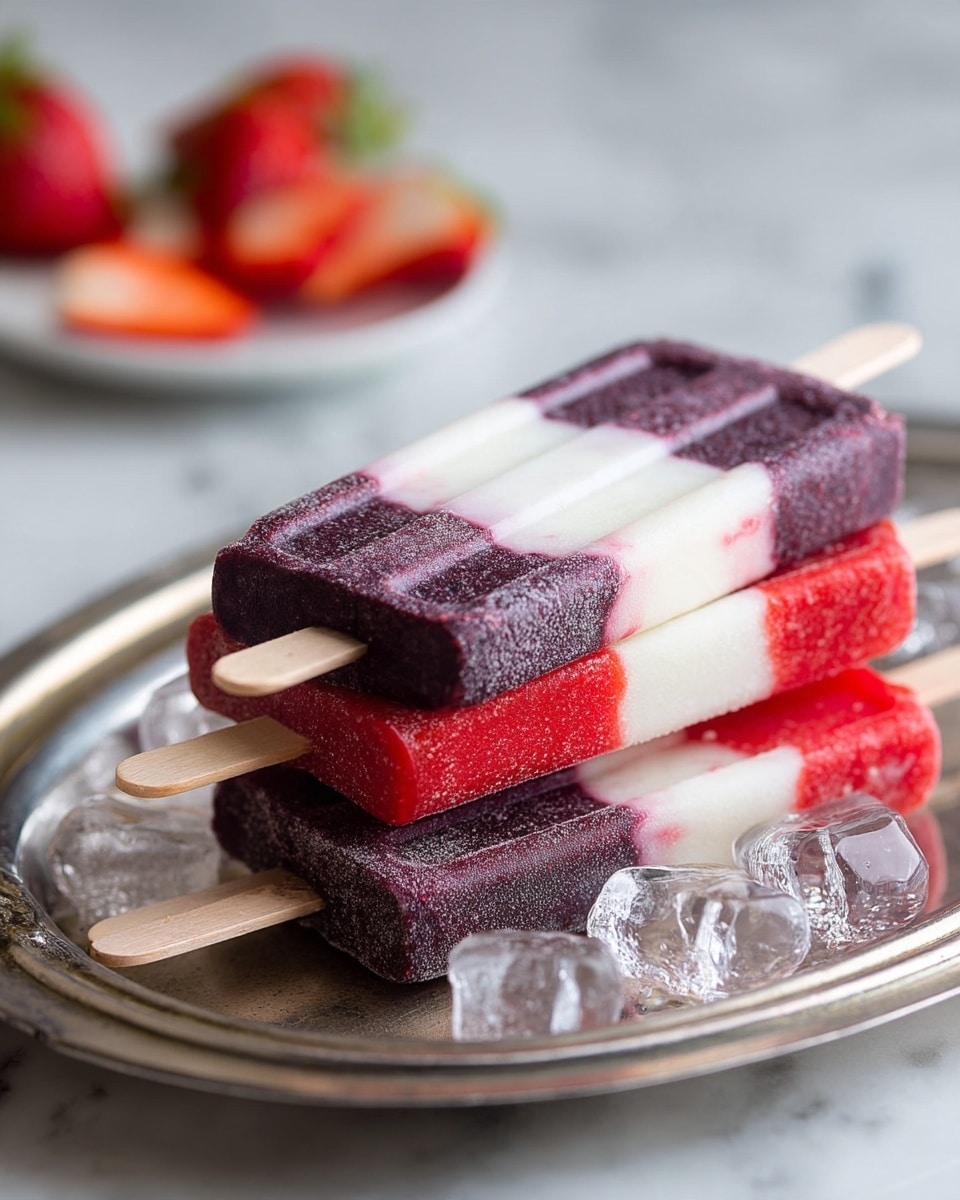 The image shows several layered popsicles laid on a silver tray with ice cubes, set against a white marbled background. Each popsicle has three clear horizontal layers from top to bottom: the top layer is dark purple with a slightly grainy texture, the middle layer is smooth and solid white, and the bottom layer is bright red with a slightly icy texture. Two popsicles are in focus at the front, while a few more are blurred in the background along with some cut strawberries. Photo taken with an iphone --ar 4:5 --v 7