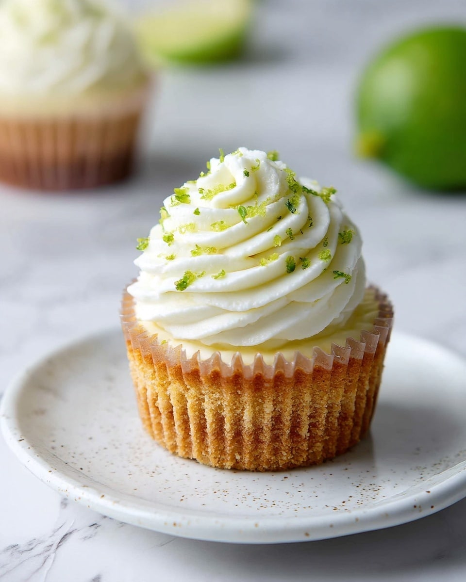 The image shows a beige tray placed on a white marbled texture surface, holding five key lime pies in white paper liners. Three pies have smooth creamy pale yellow tops with slight lime zest sprinkles, while the other two feature swirls of white whipped cream topped with small bits of lime zest. Two fresh lime halves, displaying a bright green interior with a juicy texture, are also on the tray near the pies. The light is soft and natural, highlighting the delicate textures and fresh colors of the pies and lime. Photo taken with an iphone --ar 4:5 --v 7