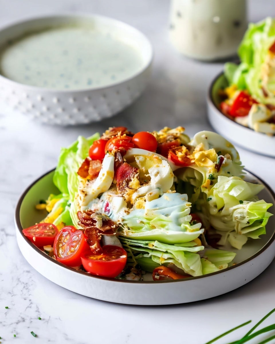 A wedge salad is shown in a white bowl with a black rim, placed on a white marbled surface. The first layer is a thick wedge of pale green iceberg lettuce with crisp, tightly packed leaves. On top, there are bright red cherry tomatoes, halved, along with sliced hard-boiled eggs that have white and yellow yolks. Crispy, reddish-brown bacon pieces are scattered across the salad. A creamy, light-colored dressing with some green herbs is drizzled generously over the lettuce and toppings. Small bits of chopped chives and a light sprinkle of grated cheese or crumbs are spread on top, adding texture. In the background, a white container with a dotted texture holds more dressing, slightly blurred. photo taken with an iphone --ar 4:5 --v 7