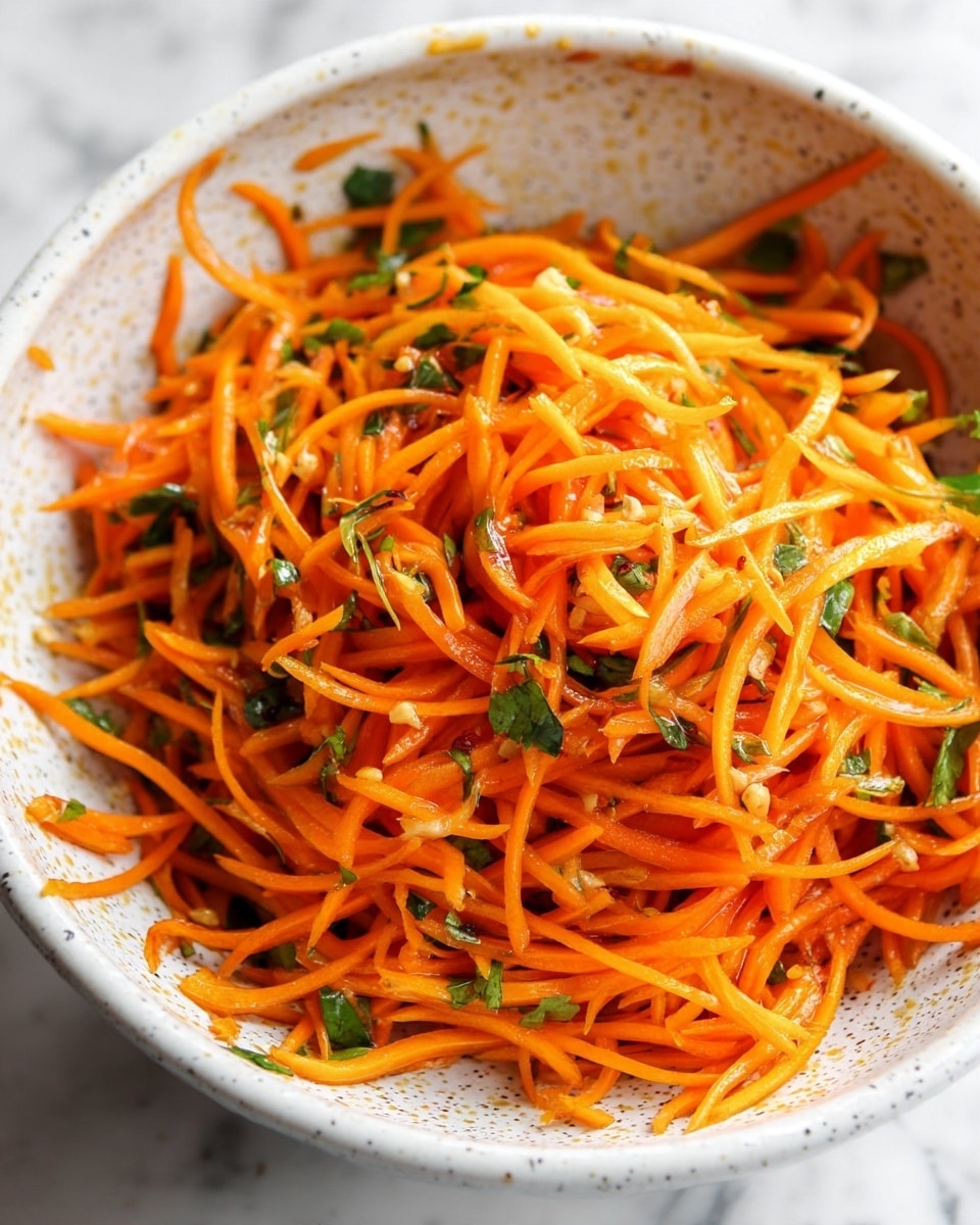 A close-up view of a single-layer salad made of thin, long strips of bright orange carrots mixed with small green pieces of herbs, all coated with a light, glossy dressing that gives a slightly wet texture. The salad is inside a white bowl with a speckled pattern, placed on a surface with a white marbled texture. Photo taken with an iphone --ar 4:5 --v 7