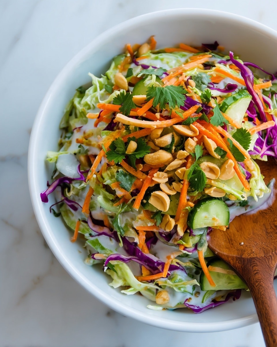 A close-up of a fresh mixed salad in a white bowl showing three main layers: shredded green cabbage as the base layer, topped with a vibrant mix of thin orange carrot strips, purple cabbage, and green cucumber slices, and finished with a scattering of light brown peanuts and fresh green herbs on top. A light creamy dressing coats the salad lightly, adding a glossy texture. On the right side, a wooden spoon with textured grain is partially submerged, resting against the inner edge of the bowl. The bowl is placed on a white marbled surface. photo taken with an iphone --ar 4:5 --v 7
