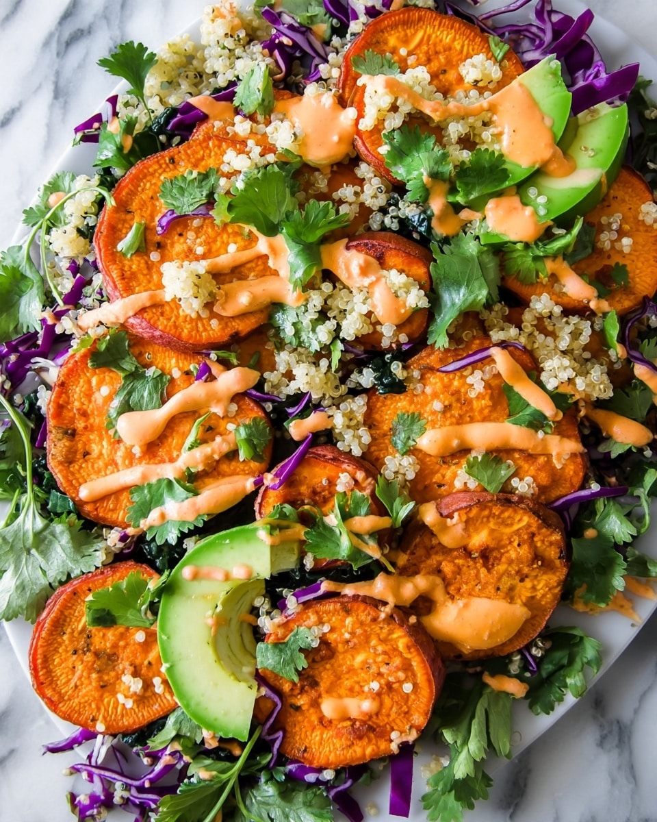 The dish consists of roasted round sweet potato slices with a deep orange color spread evenly, nestled among light tan quinoa grains scattered throughout. Bright green fresh cilantro leaves and thin slices of green avocado add freshness, while small pieces of shredded white chicken provide texture. Thin strands of purple cabbage are mixed in, adding a pop of color. A creamy orange sauce is drizzled over the top, creating a contrast against the earthy tones of the other ingredients. The whole dish is placed on a white marbled surface. photo taken with an iphone --ar 4:5 --v 7