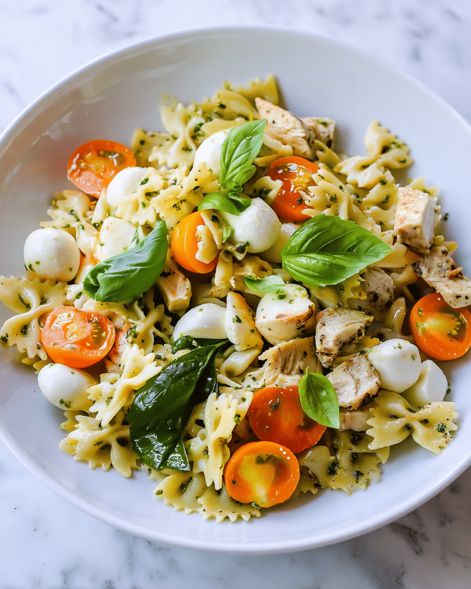 A white round plate holds a fresh pasta salad made with light yellow bowtie pasta speckled with green herbs. Mixed among the pasta are small white mozzarella balls, bright orange cherry tomato halves, and pale beige grilled chicken pieces. Large fresh green basil leaves are scattered on top, adding a pop of vibrant color. The ingredients look lightly dressed, giving a slight shine to the layers. The plate sits on a white marbled surface. photo taken with an iphone --ar 4:5 --v 7