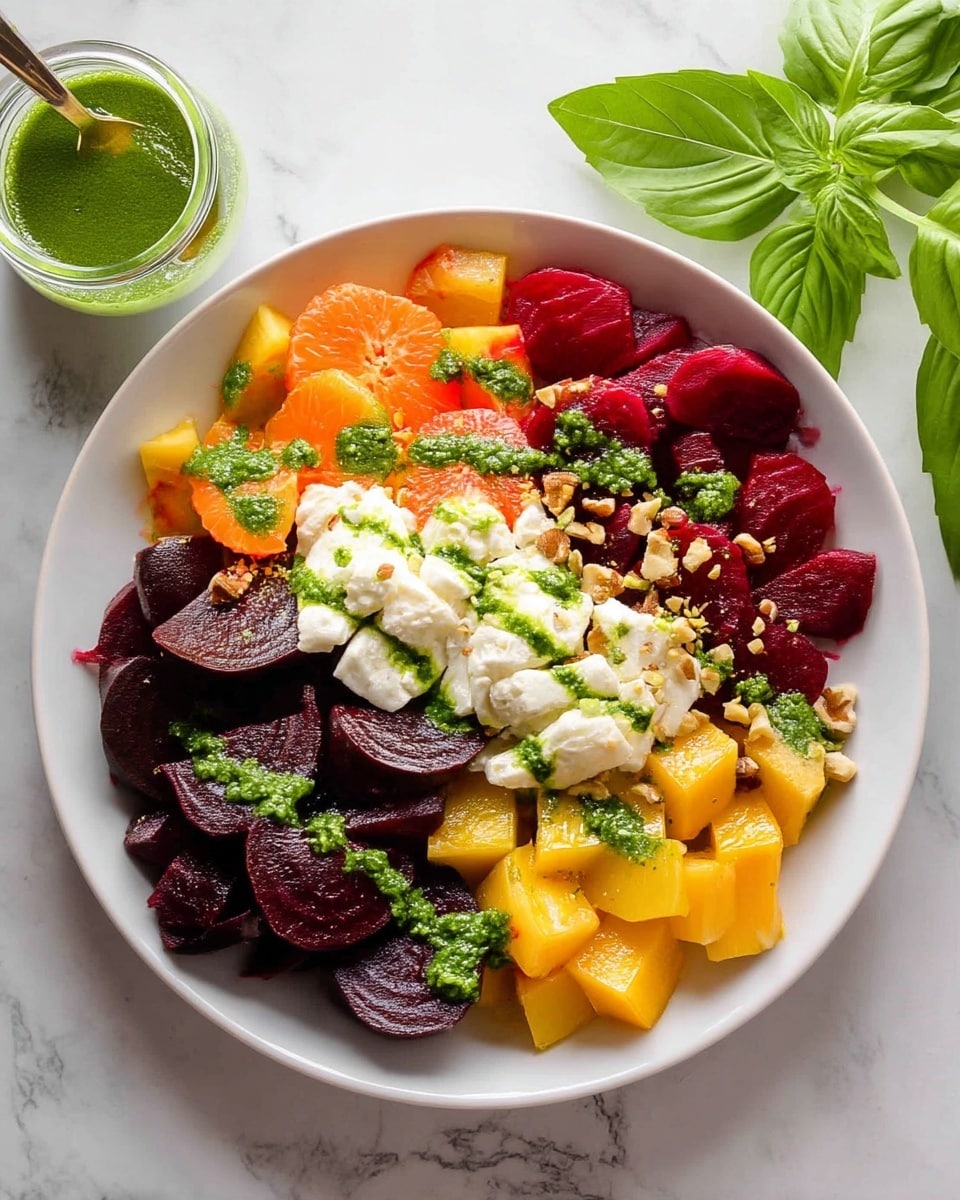 The dish is a colorful salad in a white bowl on a white marbled surface, featuring around three main layers: deep purple beet slices with a smooth texture scattered mostly on one side, bright orange and yellow carrot chunks with a slightly rough texture layered beneath and around the beets, and several pieces of red grapefruit segments with a juicy, slightly translucent texture mixed throughout. On top of these, there is a layer of soft white cheese dolloped centrally, sprinkled with crushed nuts. The salad is garnished with small green herbs and drizzled with a glossy green pesto dressing, creating a fresh and vibrant look. photo taken with an iphone --ar 4:5 --v 7
