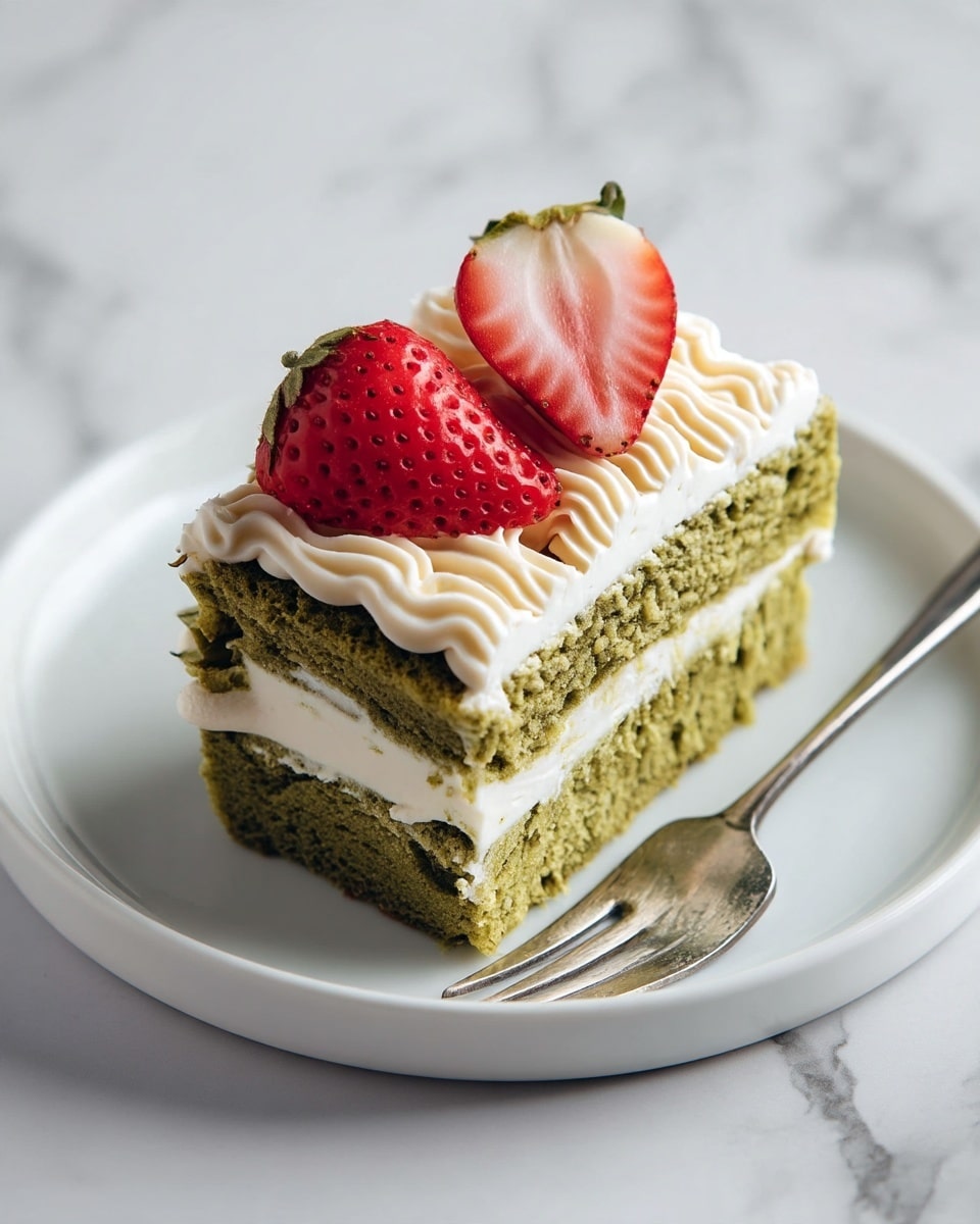 A two-layer green cake with a creamy white filling between the layers sits on a white plate. The top layer has thick white cream piped in wavy lines across its surface, and two halved strawberries, one red and one showing its pinkish inside, are placed on top. A silver fork rests on the plate beside the cake. The background is a white marbled surface. photo taken with an iphone --ar 4:5 --v 7