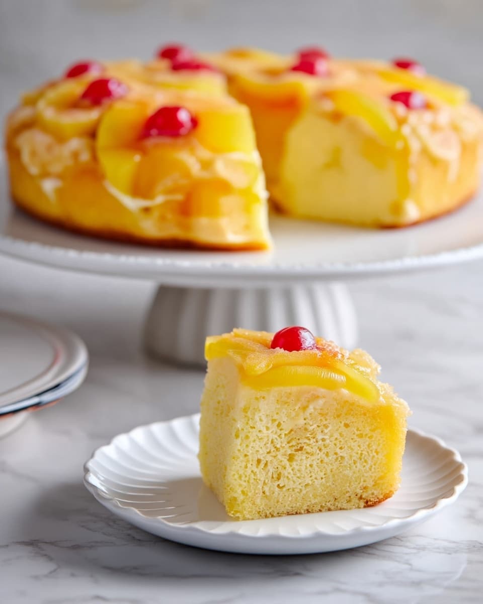 A soft, light yellow cake slice with a smooth texture sits on a white scalloped plate, topped with a glossy layer of yellow pineapple rings and a bright red cherry in the center. In the background, the rest of the round cake with the same yellow pineapple topping and cherries is displayed on a white cake stand with vertical ridges, set on a white marbled surface. Another slice of the cake is also visible behind the first, served on a white plate with a thin black rim. Photo taken with an iphone --ar 4:5 --v 7