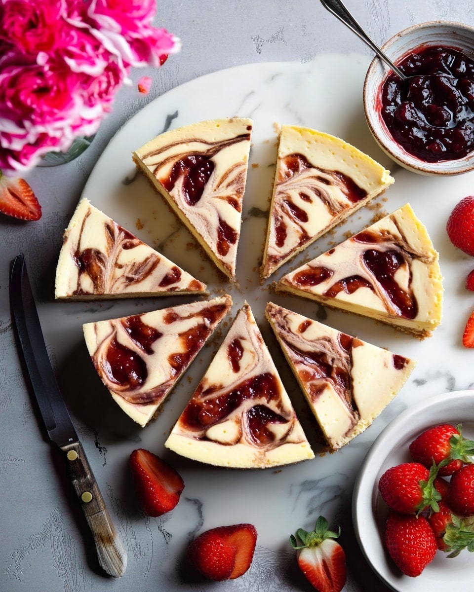 A round cheesecake is cut into seven slices, each slice showing two layers: a thick light cream cheese layer swirled with red jam and a beige crumbly crust at the bottom. One slice is placed on a white plate with a silver fork beside it and two halved strawberries near the bottom edge of the plate. Another slice is on a pink plate with a silver fork and two strawberry halves next to it. The whole cheesecake and slices rest on a white marbled surface. Nearby, there is a small white bowl filled with dark red jam and a silver spoon inside it. At the top left corner, there is a glass vase holding bright pink flowers. Photo taken with an iphone --ar 4:5 --v 7
