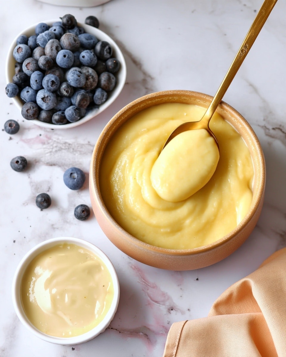 A close-up view of a bowl filled with thick, smooth, pale creamy yellow custard. The bowl is beige with a slightly rough texture, sitting on a white marbled surface. A golden spoon is scooping up some custard from the bowl, showing its glossy, soft consistency. To the bottom left, a small white ramekin also holds some custard, with a creamy, shiny surface. Nearby, there is a small white bowl filled with round, plump blueberries scattered on the white marbled surface. In the lower right corner, a light peach cloth napkin is casually placed, adding a soft color contrast. Photo taken with an iphone --ar 4:5 --v 7