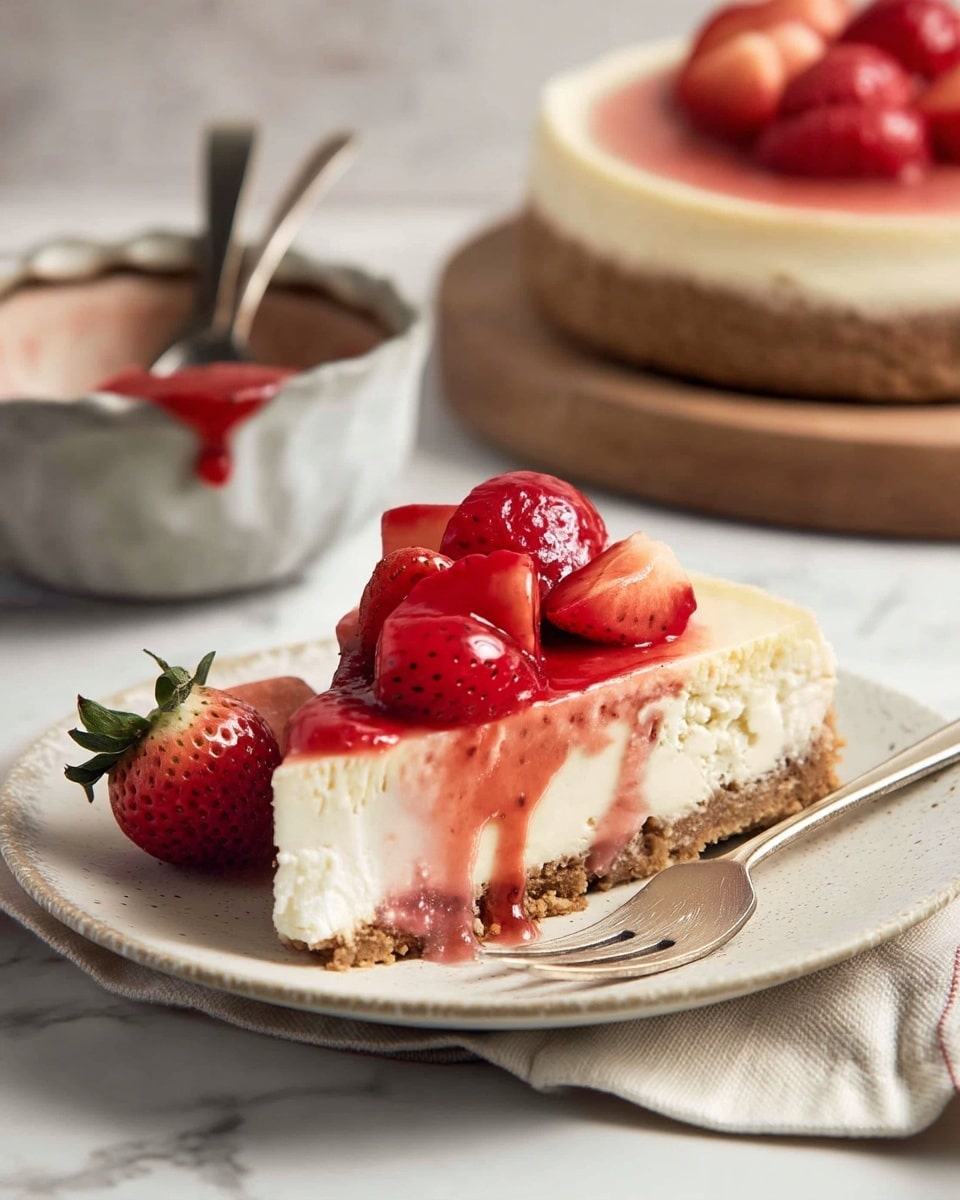 A close-up view of a slice of cheesecake placed on a white speckled plate with a silver fork beside it on a beige cloth napkin; the cheesecake has three visible layers: a light brown crumbly base, a thick creamy off-white middle, and a glossy red strawberry sauce on top dripping slightly down the sides, adorned with several halved fresh strawberries; in the blurred background, the remaining cheesecake sits on a white plate, and a textured bowl holds more strawberry sauce being scooped with a spoon, all set on a white marbled surface. photo taken with an iphone --ar 4:5 --v 7