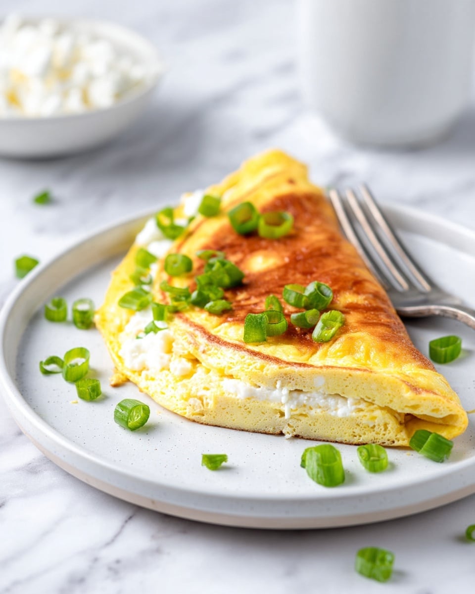 A folded omelette sits on a white plate, showing three visible layers: the top layer is a golden-brown cooked egg with a smooth and slightly wrinkled texture, the middle layer is bright yellow cooked egg, and the bottom layer is a soft white creamy filling. Fresh green chopped scallions are sprinkled on top, adding a fresh pop of color. A metal spatula is holding a small cut portion of the omelette, emphasizing the layers and creamy texture inside. In the blurred background, there is a white bowl with extra creamy filling on a white marbled surface. Photo taken with an iphone --ar 4:5 --v 7