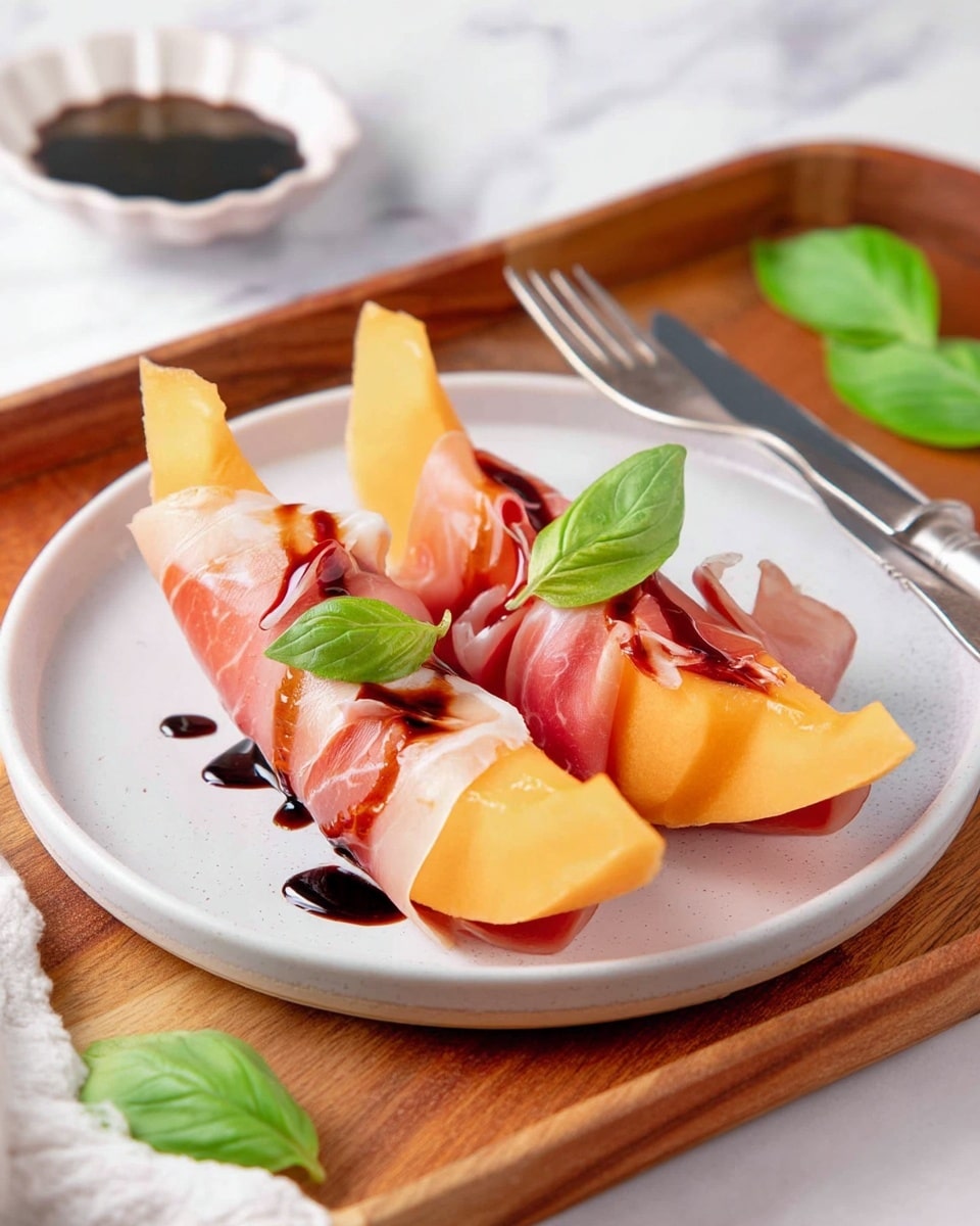 The image shows three servings of thin orange melon slices each wrapped with light pink prosciutto, placed neatly on a white round plate. Over the prosciutto, there is a dark brown balsamic glaze drizzled in thin lines. Bright green basil leaves are placed on top of each serving for garnish. The plate is set on a round wooden tray with a silver fork and knife resting on the side. The background is a white marbled surface with a few loose basil leaves scattered around. photo taken with an iphone --ar 4:5 --v 7