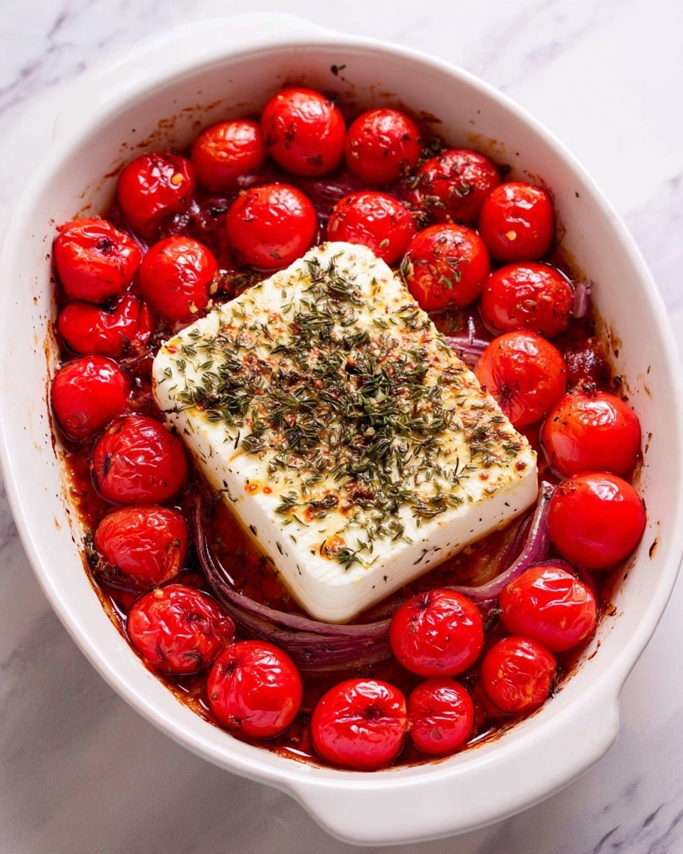 A white baking dish filled with a cooked dish showing three distinct layers: the bottom layer consists of caramelized, soft purple-red onion slices spread evenly, the middle layer has many wrinkled, roasted small red tomatoes with a shiny, slightly cracked skin, and the top layer features a block of white, slightly browned feta cheese sprinkled with green dried herbs placed in the center. The edges of the dish have some baked juice stains, and the scene is set on a white marbled surface. photo taken with an iphone --ar 4:5 --v 7