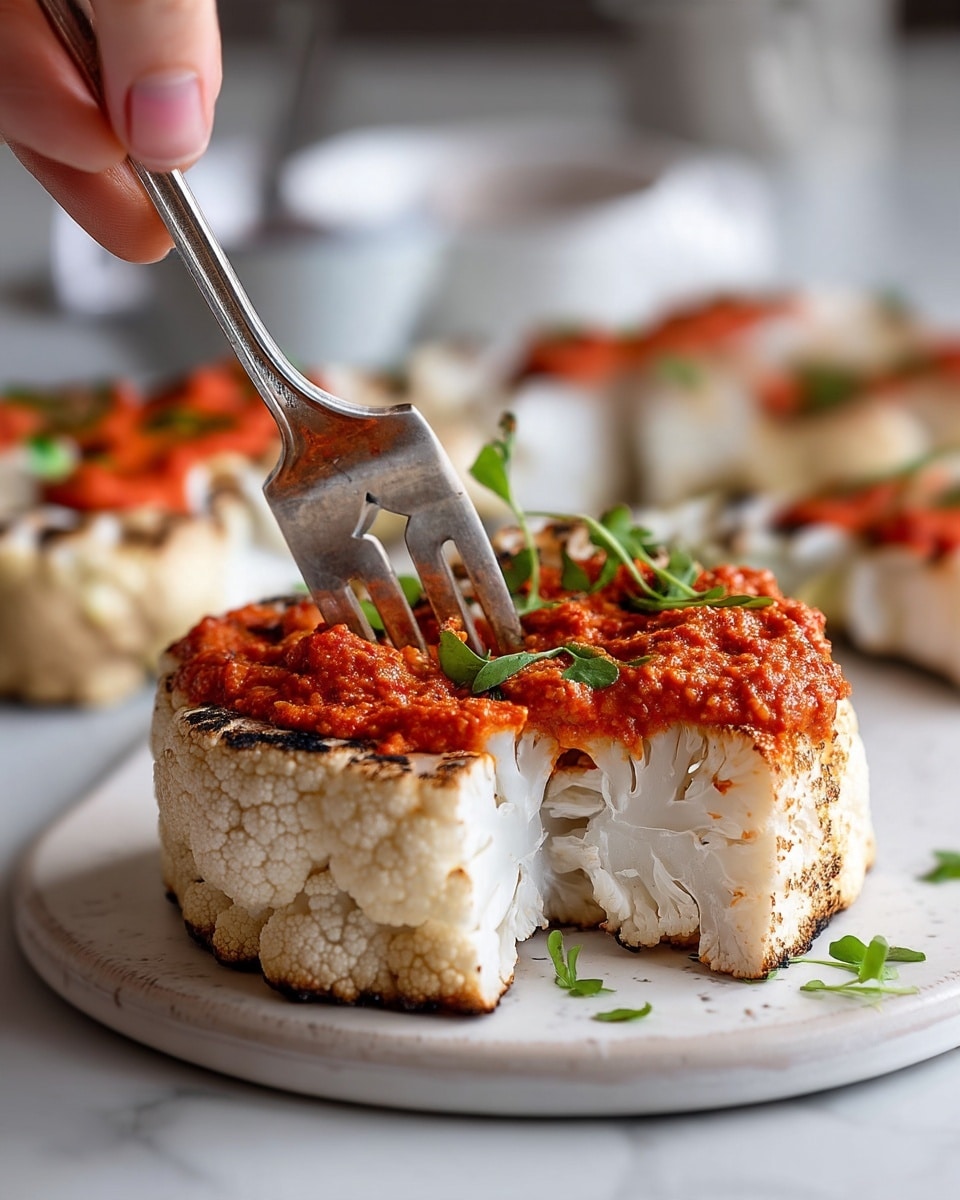 The image shows thick slices of grilled cauliflower steaks on a white plate set on a white marbled surface. Each slice is a single large round piece of cauliflower with a light charred texture on the outer layer, giving a mix of creamy white and dark brown colors. On top of each cauliflower steak, there is a bright red spread of sauce with a slightly rough texture and fresh green herbs scattered over it. A woman's hand holds a fork piercing the top of one cauliflower slice while a knife is cutting into it. In the background, there is a blurred white bowl and more cauliflower slices with the same red sauce topping. Photo taken with an iphone --ar 4:5 --v 7