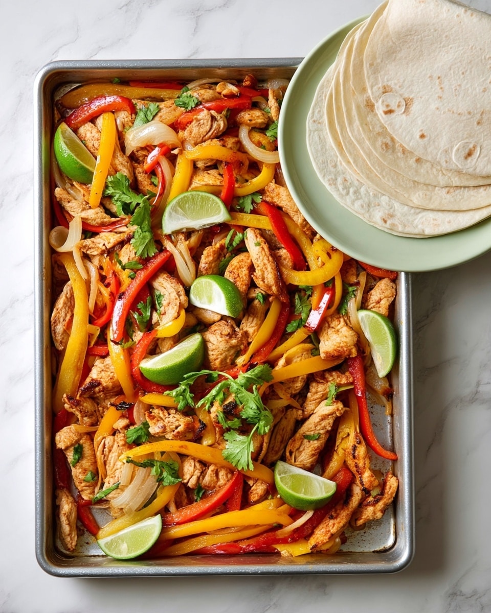 A metal baking tray filled with cooked sliced chicken pieces mixed with three layers of sliced vegetables: yellow bell peppers, red bell peppers, and onions, all lightly charred and mixed with fresh green cilantro leaves sprinkled on top. Several lime wedges with bright green skin and juicy pulp rest on the chicken and vegetables. To the right side of the tray, two folded soft flour tortillas are placed partially overlapping each other. The tray sits on a white marbled surface with a slight cream tint in the background where a light green plate contains extra folded tortillas. Photo taken with an iphone --ar 4:5 --v 7