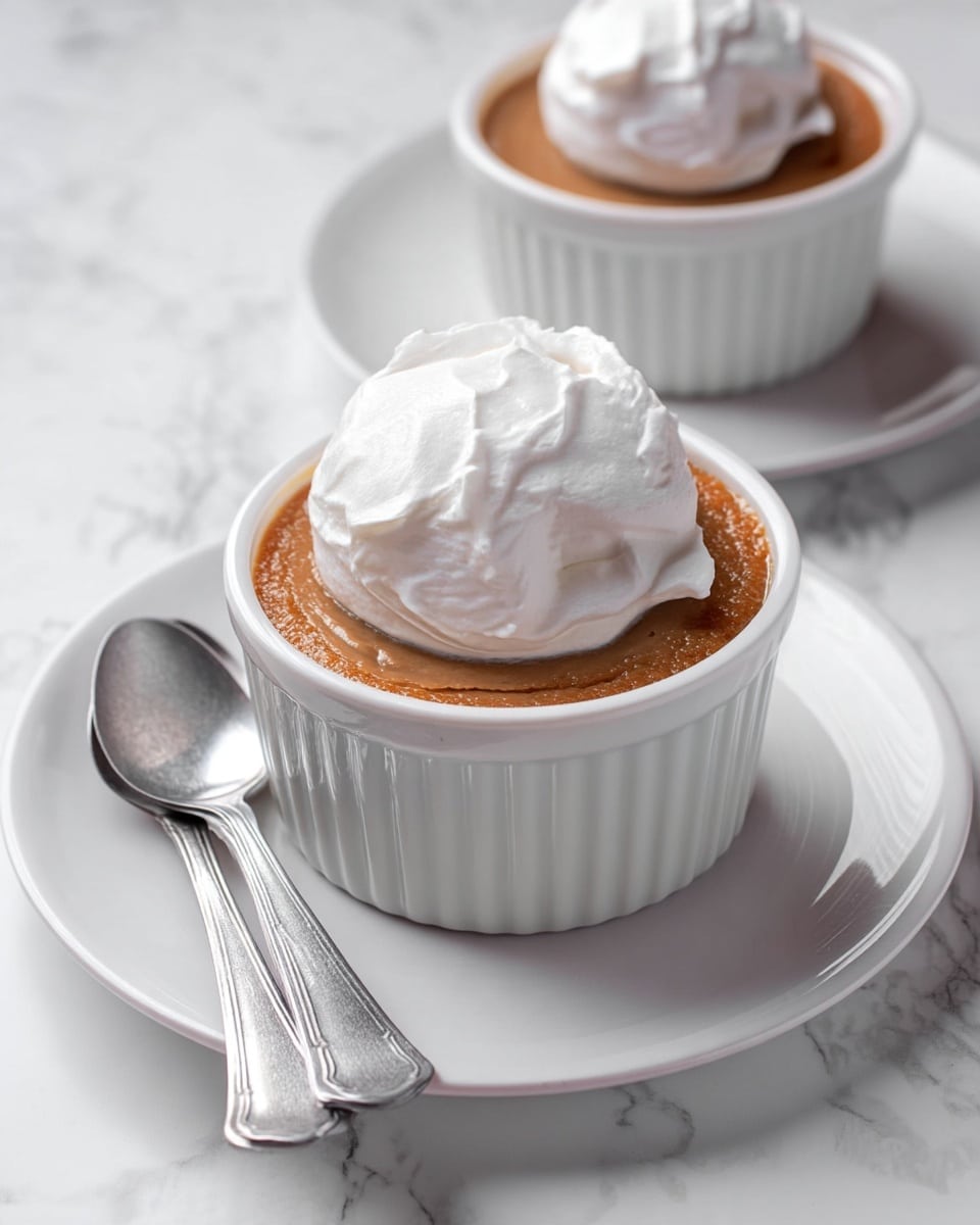 A small white bowl filled with a smooth light brown pudding is topped with a large dollop of pure white whipped cream, creating two distinct layers. The bowl sits on a white plate, and next to it are two silver spoons resting on the plate's edge. In the background, another similar bowl with only pudding is partially visible on a white plate, all set on a white marbled surface. The light in the image is soft and natural. photo taken with an iphone --ar 4:5 --v 7