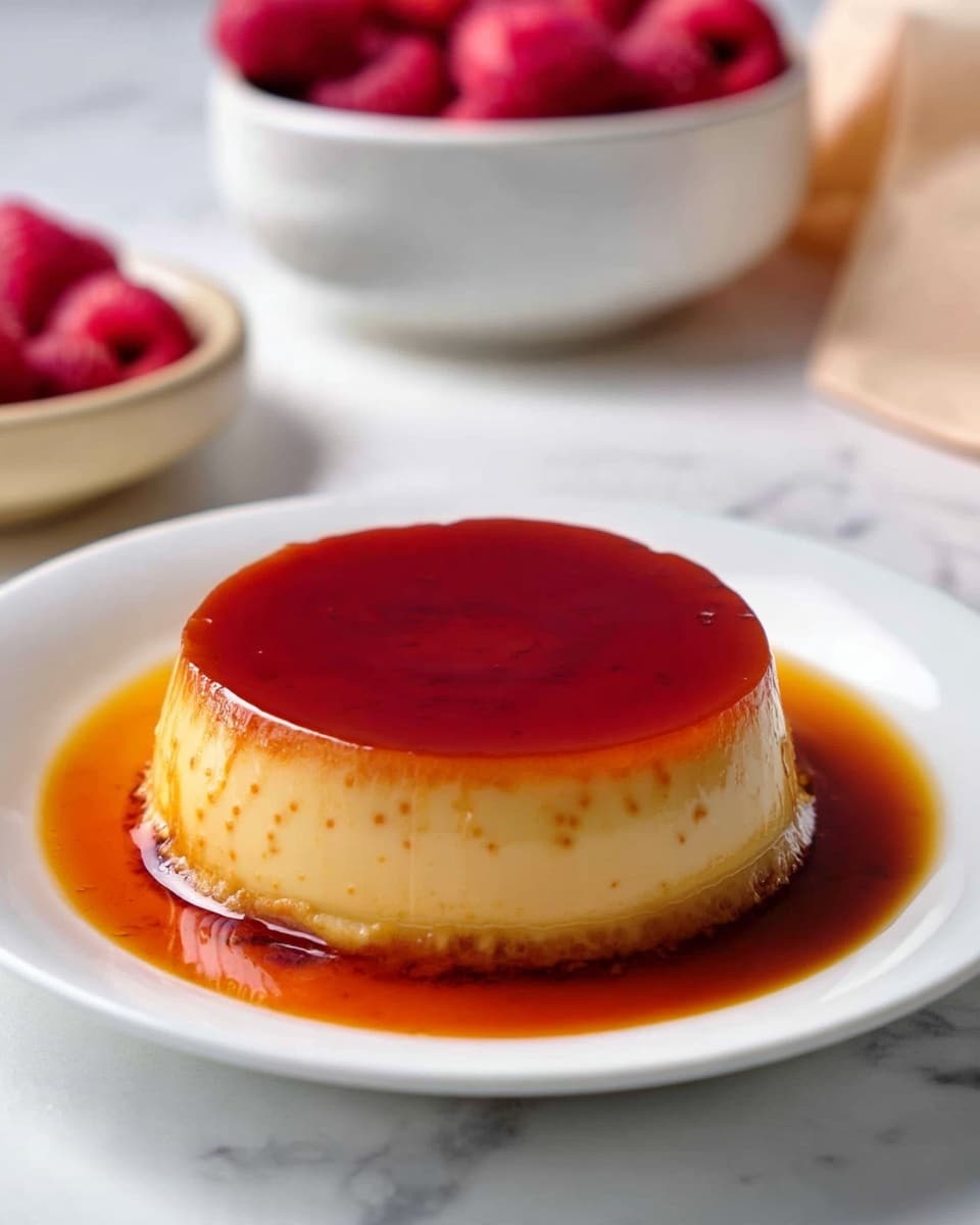 The dish is a single-layer caramel flan sitting in a pool of amber caramel sauce, placed on a white plate. The flan layer is smooth and creamy, with a light beige color, topped by a shiny, slightly darker caramel glaze that covers the surface evenly. The plate rests on a white marbled texture surface. In the blurry background, there is a bowl of bright red raspberries and a white saucer holding another flan partially visible, along with a soft beige cloth. Photo taken with an iphone --ar 4:5 --v 7