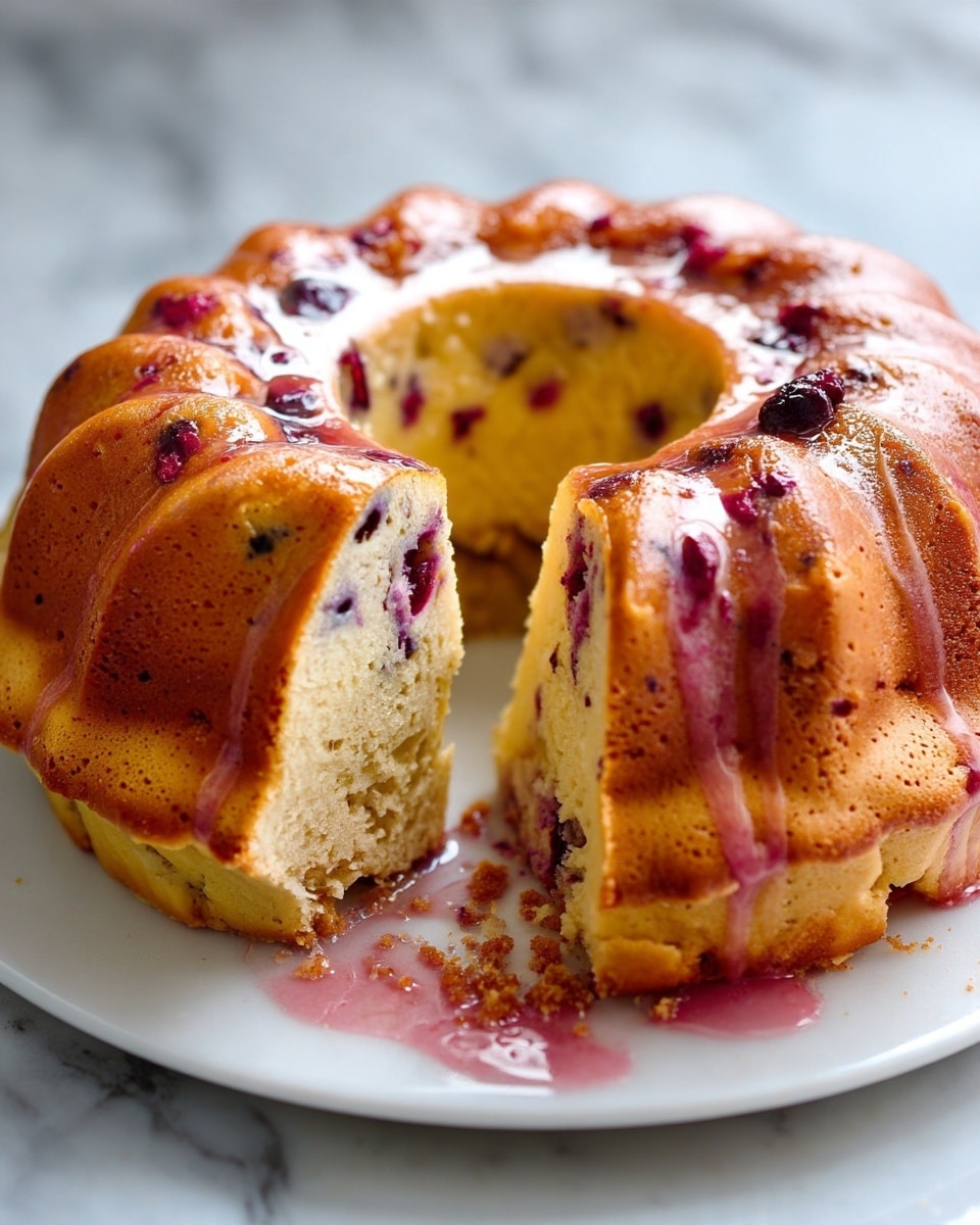A round bundt cake with a light golden brown outer layer that has a soft, slightly textured surface and a creamy glaze drizzled unevenly on top. The cake is sliced, showing a moist, pale yellow inside dotted with small dark purple spots, likely berries, spread throughout the slice. The cake sits on a white plate, placed on a white marbled textured surface, with some crumbs scattered near the cut slice. Photo taken with an iphone --ar 4:5 --v 7
