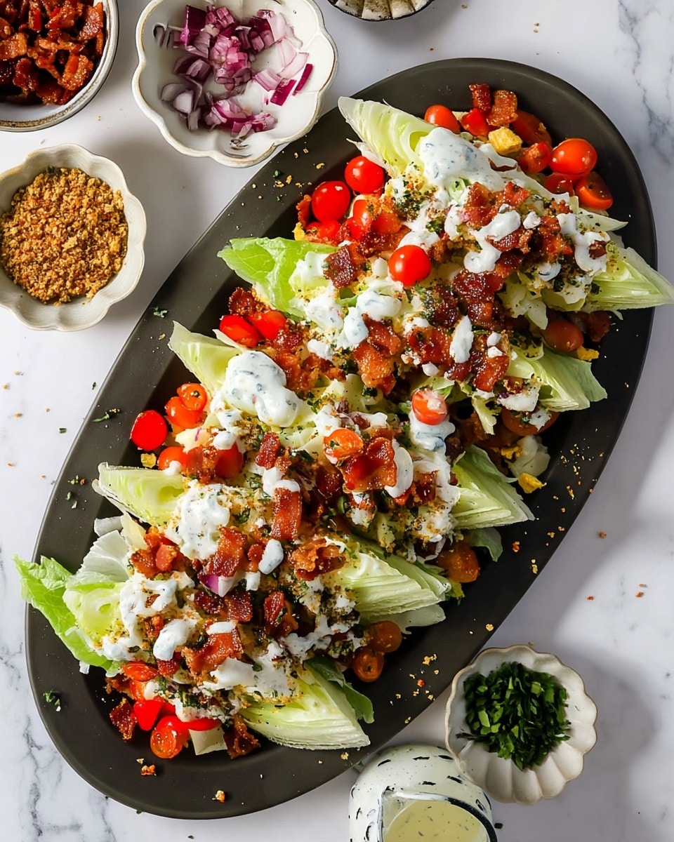 An oval dark gray plate holds four wedge-shaped layers of pale green lettuce leaves as the base. On top, there are chopped red cherry tomatoes scattered across the wedges, with crispy golden-brown bacon pieces layered around. White creamy dressing is drizzled over the entire salad, with small bits of chopped red onion and green herbs sprinkled on top. The plate is on a white marbled surface surrounded by small white bowls containing finely chopped red onion, breadcrumbs, and green herbs, along with a small glass container of the same creamy dressing. Photo taken with an iphone --ar 4:5 --v 7