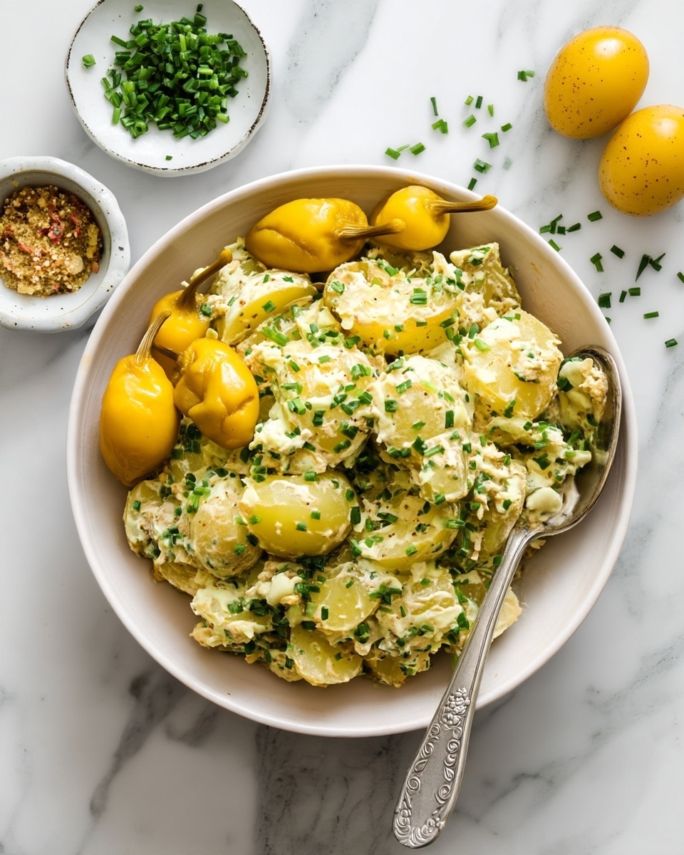 The dish is a creamy potato salad placed in a round white bowl. It has chunky pieces of yellowish potatoes mixed with green chives evenly spread throughout, giving a speckled look. On top, there are three whole bright yellow pickled peppers arranged near the edge. A silver spoon with an ornate handle rests inside the bowl on the right side, partially submerged in the salad. The bowl sits on a white marbled surface, with small white dishes containing chopped chives and grainy mustard nearby, adding some dimension to the scene. Photo taken with an iphone --ar 4:5 --v 7