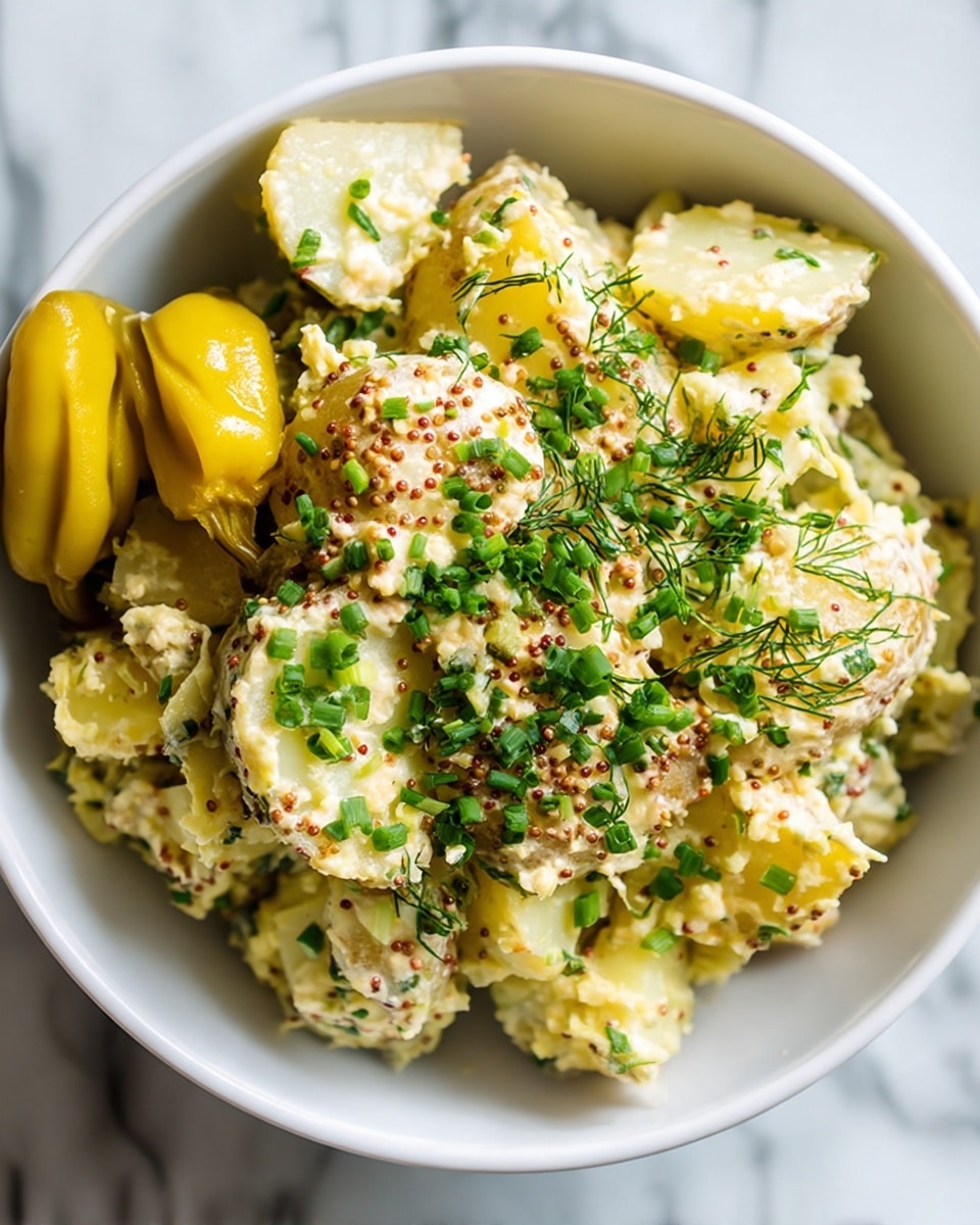 A close-up view of potato salad served in a white bowl, showing chunky pieces of pale yellow boiled potatoes mixed with creamy dressing that has visible whole grain mustard seeds and chopped green herbs like chives scattered throughout. On one side of the bowl, two yellow pickled peppers add a pop of bright color. The texture looks soft and slightly chunky with fresh green bits adding contrast. The bowl sits on a white marbled surface. photo taken with an iphone --ar 4:5 --v 7